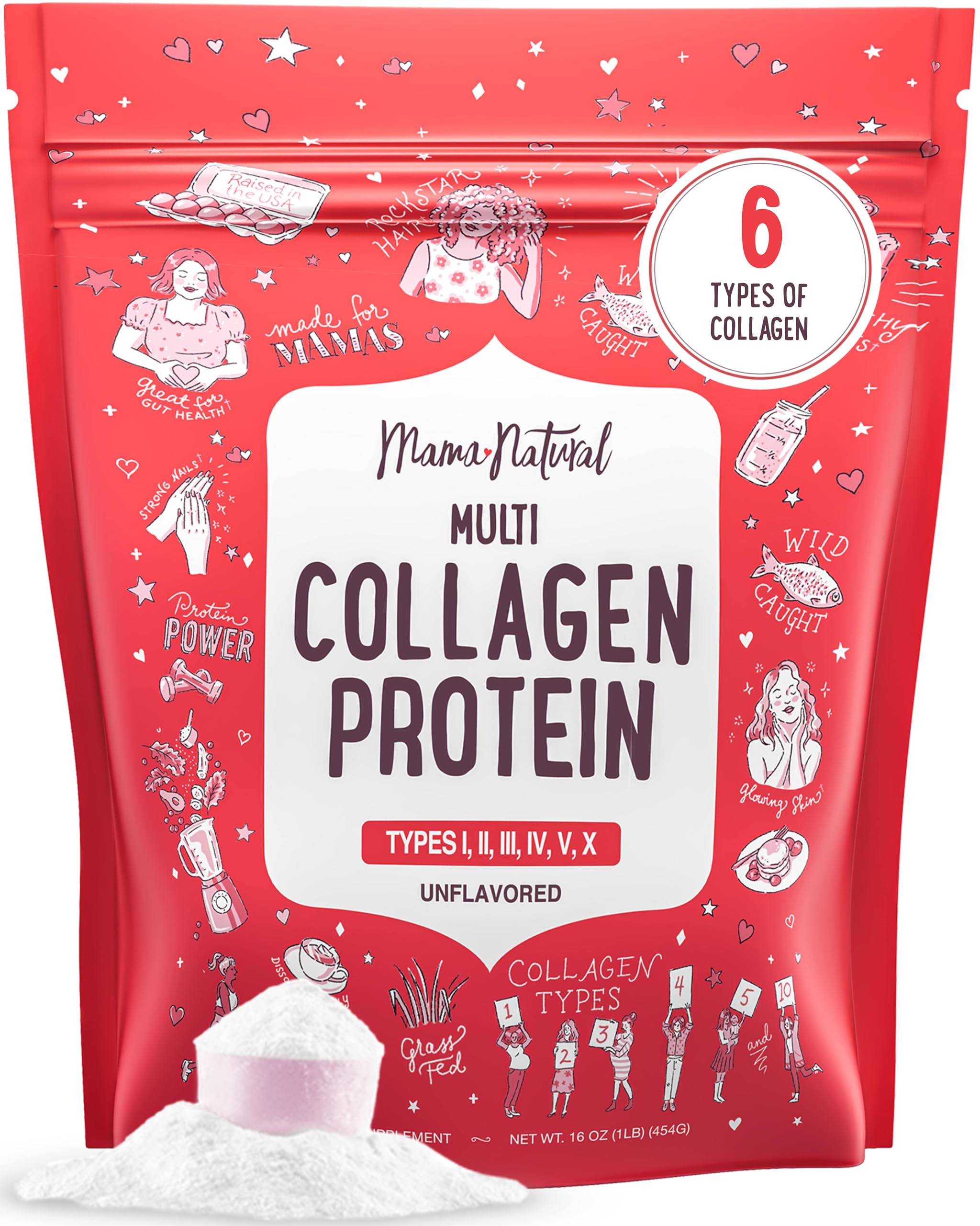 Mama Natural Multi-Collagen Protein Powder (Type I II III IV V X) Hydrolyzed Peptides | Grass-Fed All-in-One | Pure Premium Blend of Grass-Fed Bovine, Wild Fish, Eggshell Collagen (1LB)