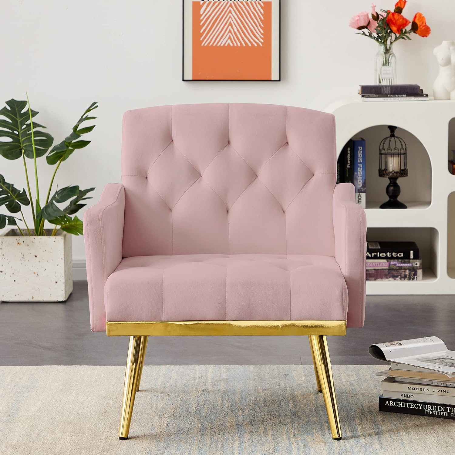 Velvet Accent Chair with Arms, Upholstered Tufted Lounge Armchair with Gold Metal Legs and Handy Pockets for Living Reading Room (Pink)
