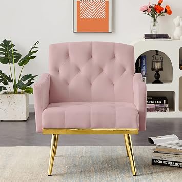 Velvet Accent Chair with Arms, Upholstered Tufted Lounge Armchair with Gold Metal Legs and Handy Pockets for Living Reading Room Pink