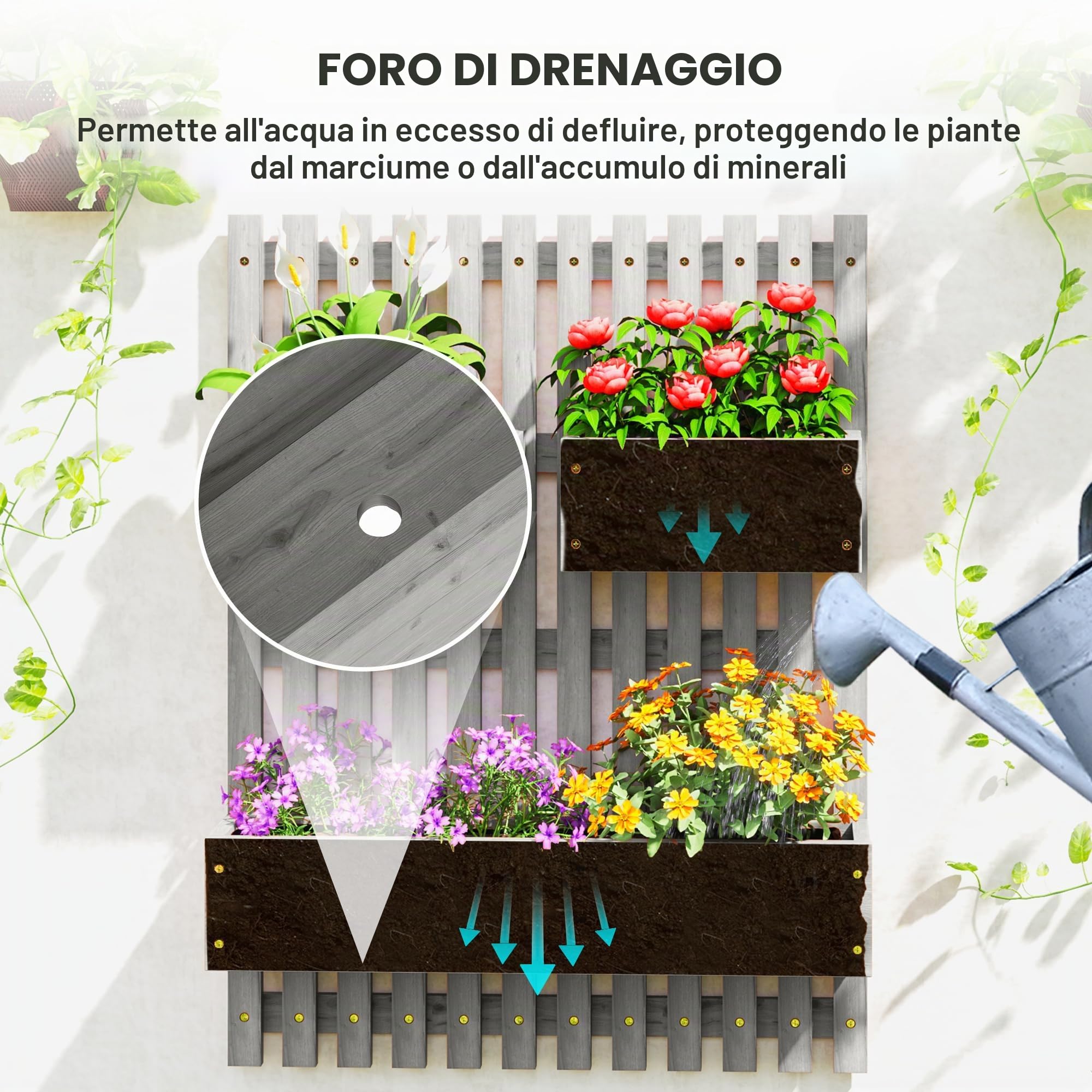 Outsunny Fioriere da giardino in legno da parete con traliccio, Grigio | Fori di drenaggio, 3 fioriere mobili, letto rialzato da parete per patio esterno