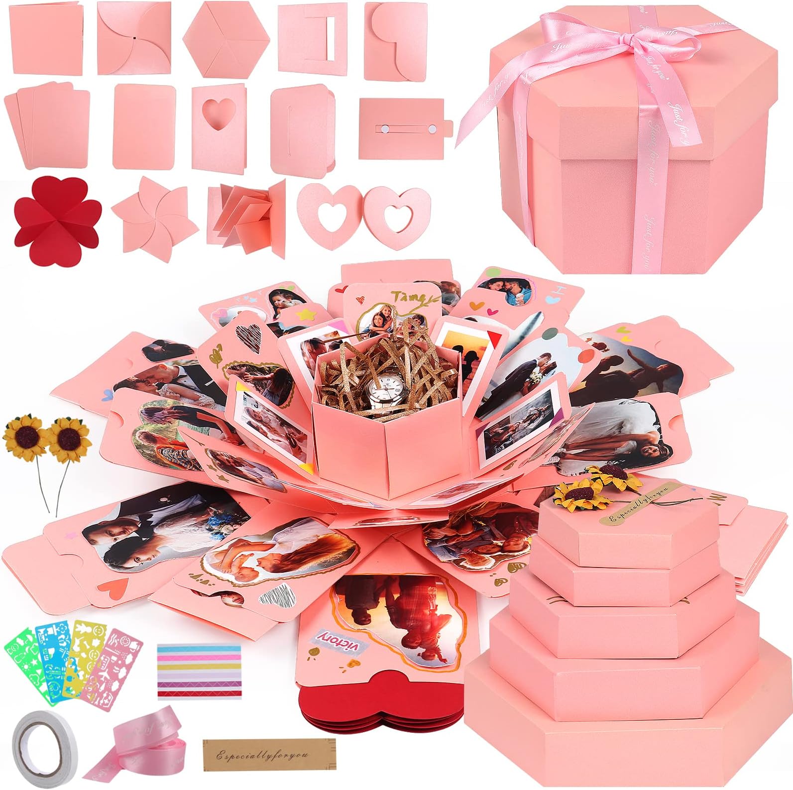 RECUTMS Explosion Gift Box, Handmade Exploding Photo Album Mothers Day Gifts,Gift Box with 6 Faces for Boyfriend, Girlfriend, Wedding, Birthday Party, Memory Box(Pink-6 Sides)