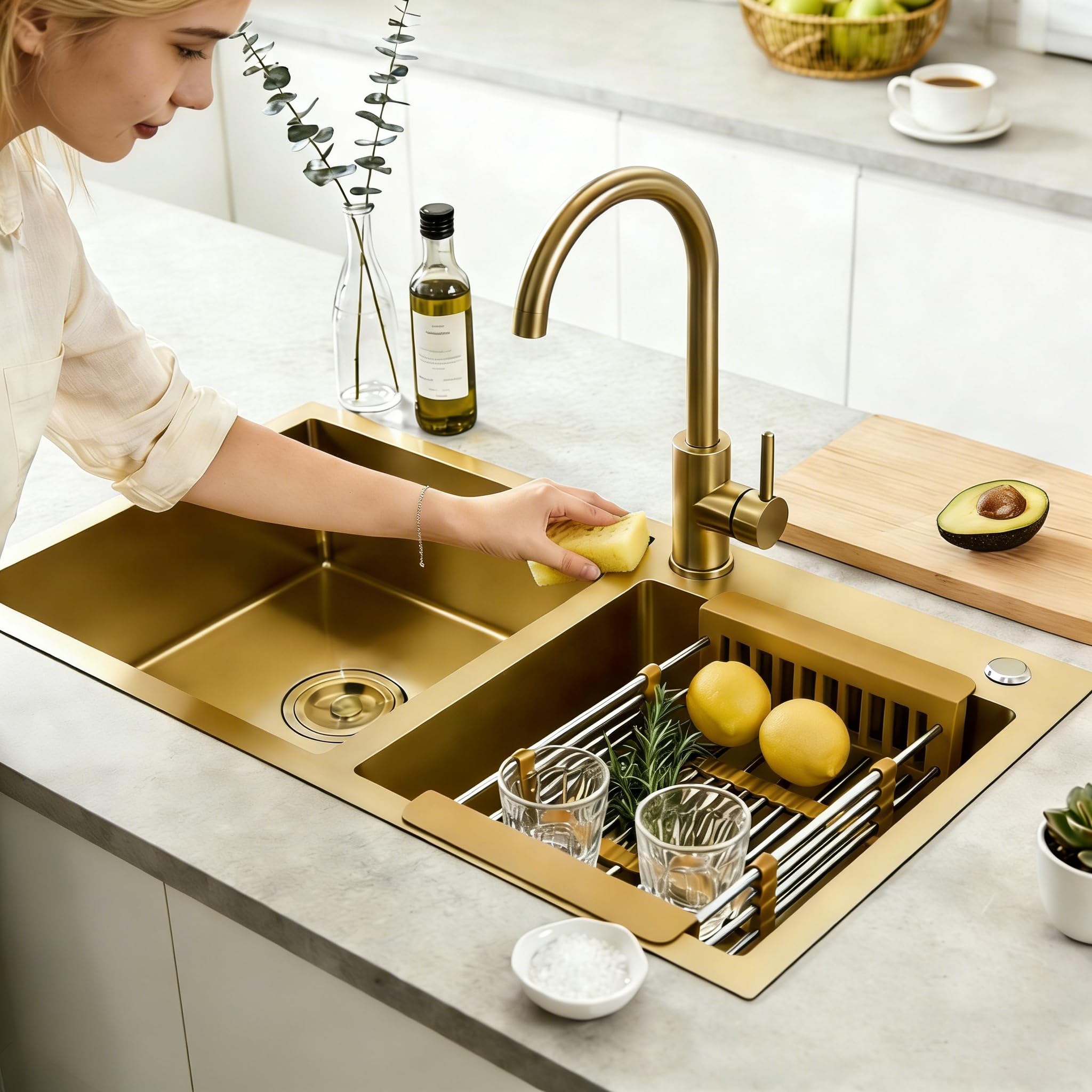 KOOGIMDDR 75 x 40 cm Golden Kitchen Sink, Double Bowl Kitchen Sink, Nano-Coated 304 Stainless Steel, Bar Sink with Golden Sink Plug and Drain Strainer, Can be Installed or Undermountable — image 1