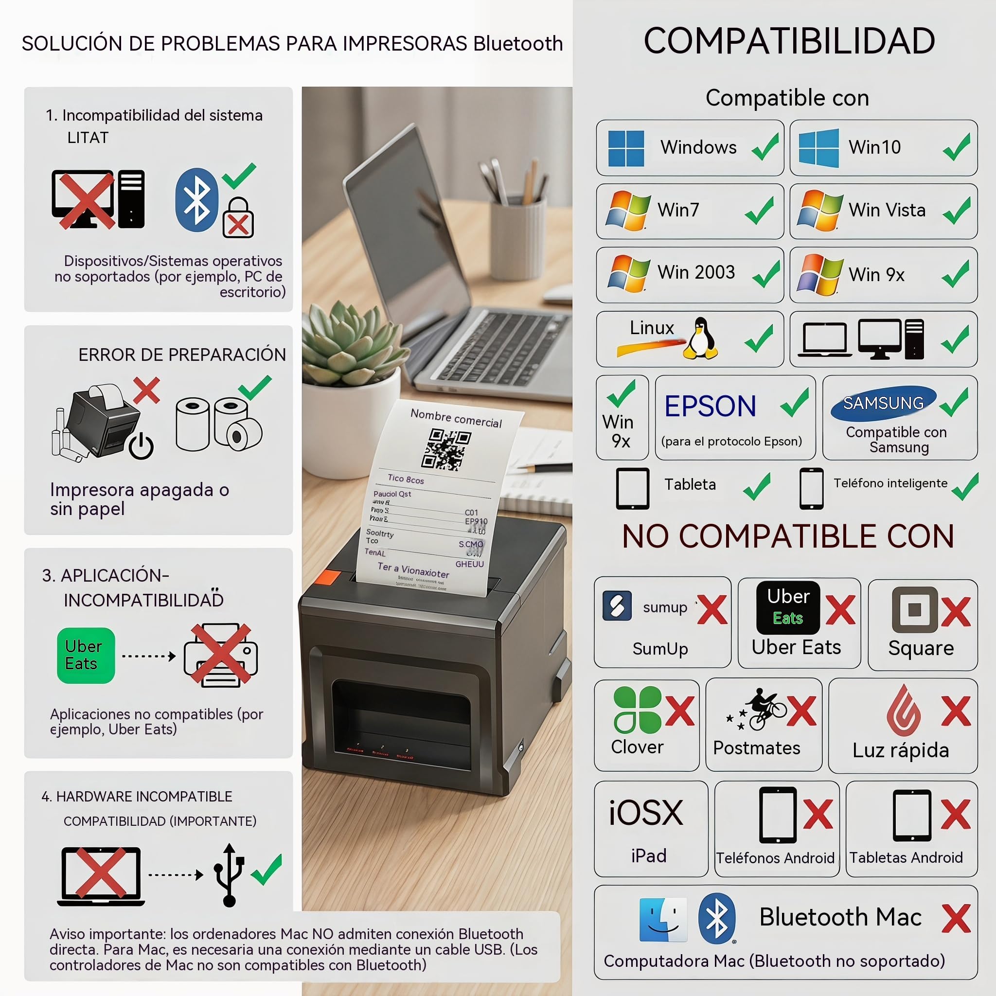 Impresora Térmica POS 80mm con Bluetooth y USB, 300mm/s, Compatible con Windows y Mac, Ideal para Restaurantes, Bares, Tiendas y Comercios