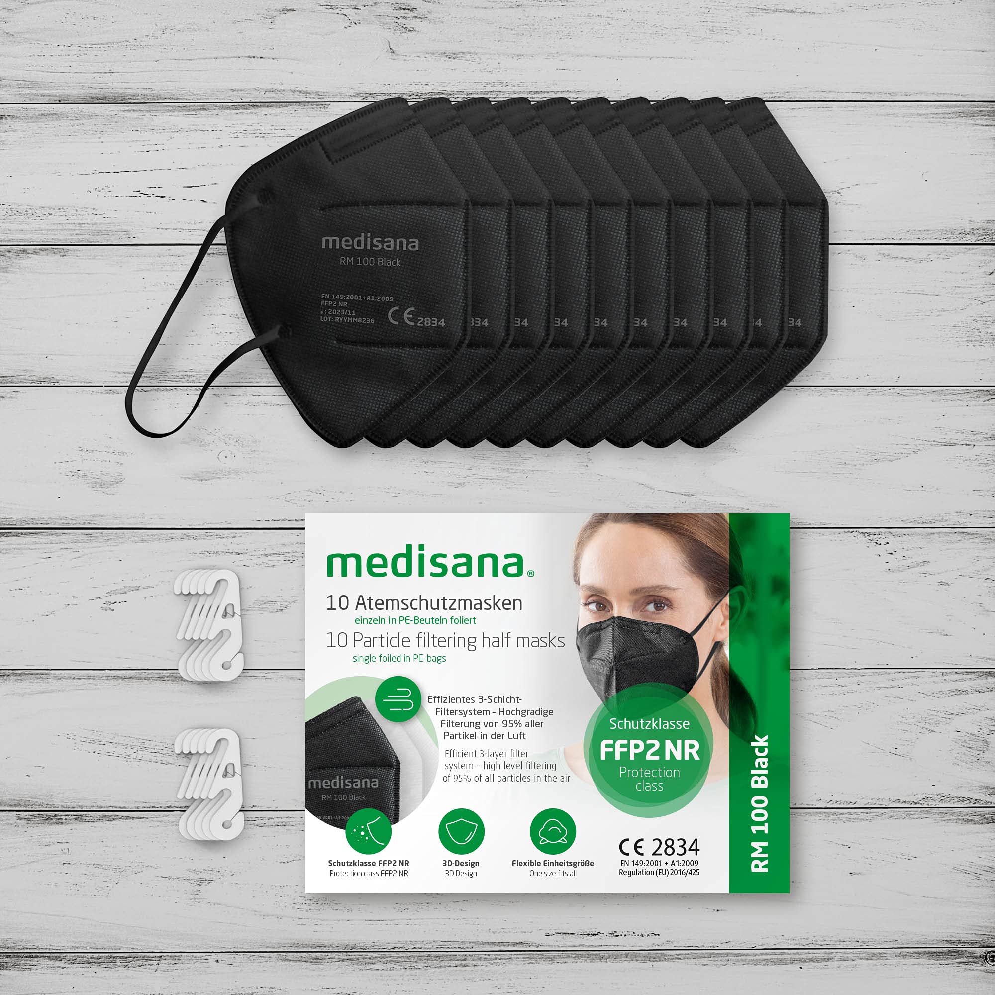 medisana FFP2 Masque respiratoire noir Masque anti-poussière RM 100, masque anti-poussière Masque buccal 10 pièces emballées individuellement dans un sachet PE avec clip - certifié CE2834 EU 2016/425