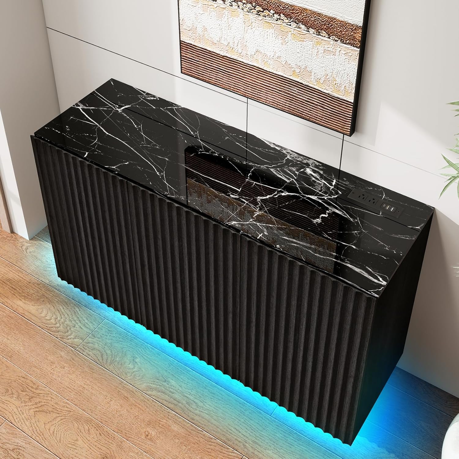 47" Black Fluted Sideboard Buffet Cabinet with Storage and LED Light,Marble Pattern Top Credenza Accent Cabinet with Fast Charging Station,Storage Cabinet for Living Room,Dining Room,Hallway