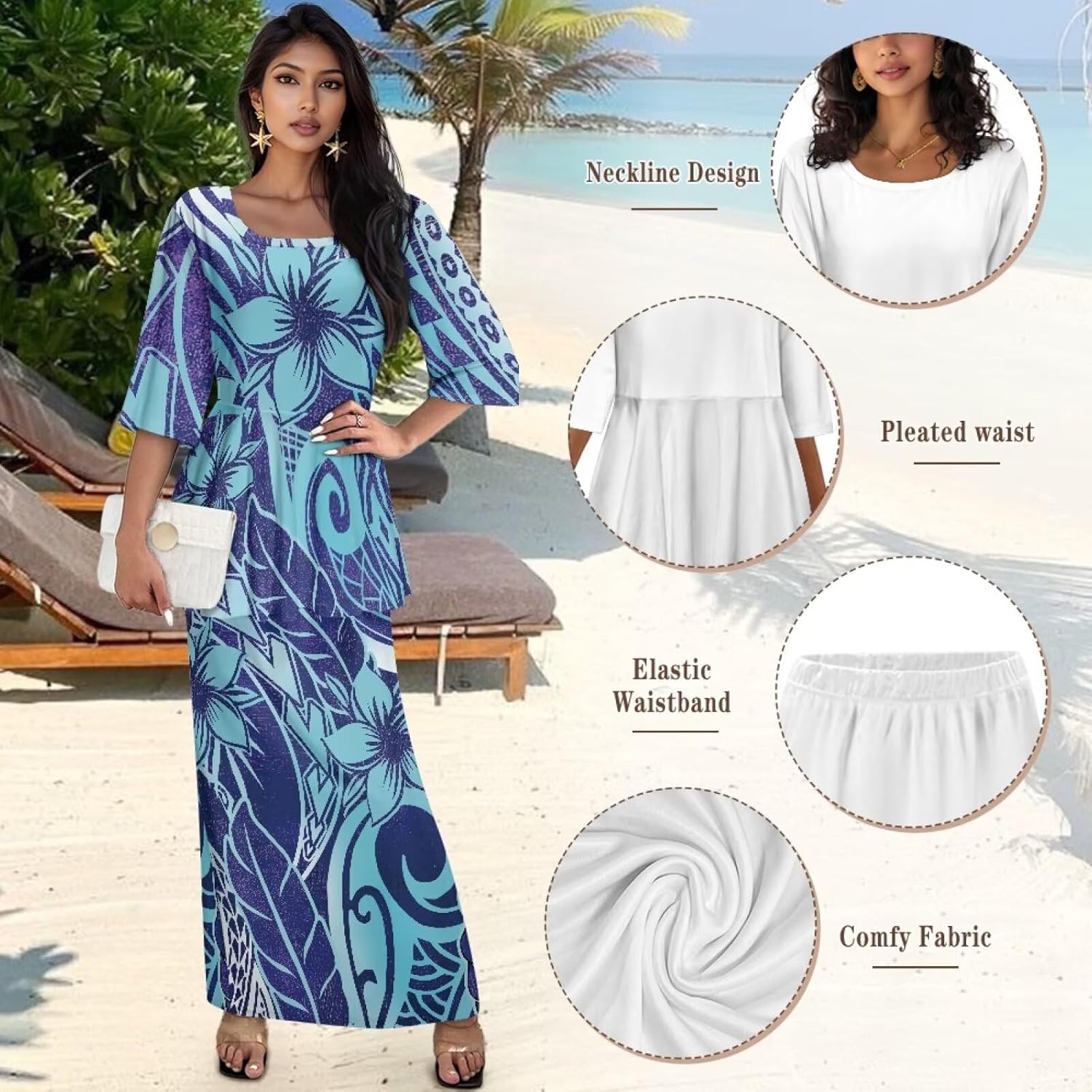 Hawaiian Flower Print Women Ruffle Top Long Skirts Set Half Sleeve Top High Waist Maxi Skirts for Party, Wedding