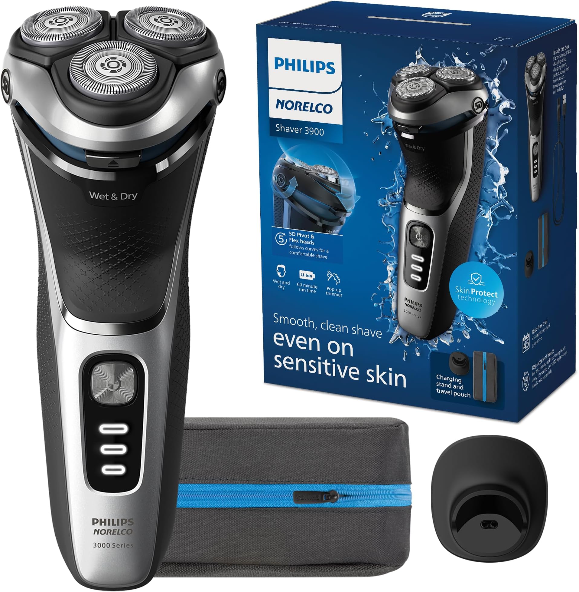 Philips Norelco Shaver 3900 Series Electric Wet/Dry Shaver, P-Cap, Travel Bag, Charging Stand, Storm Blue, Model S3341/92