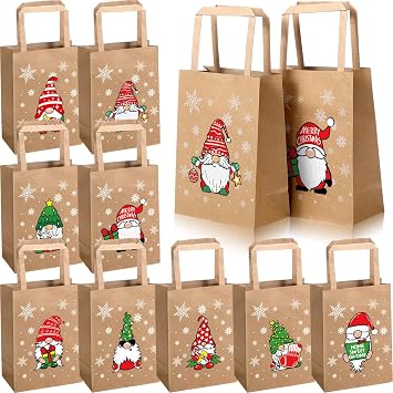 Kolldenn 36 PCS Kraft Paper Gift Bags with Handles - Reusable Christmas Gnome Goody Bags - Brown Xmas Treat Bags for Holiday Winter Party Supplies