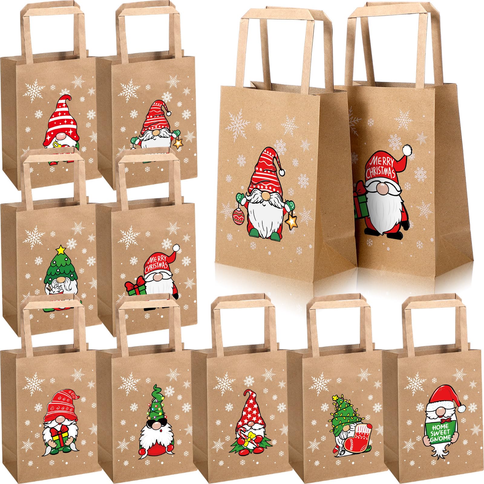 Kolldenn 36 PCS Kraft Paper Gift Bags with Handles - Reusable Christmas Gnome Goody Bags - Brown Xmas Treat Bags for Holiday Winter Party Supplies