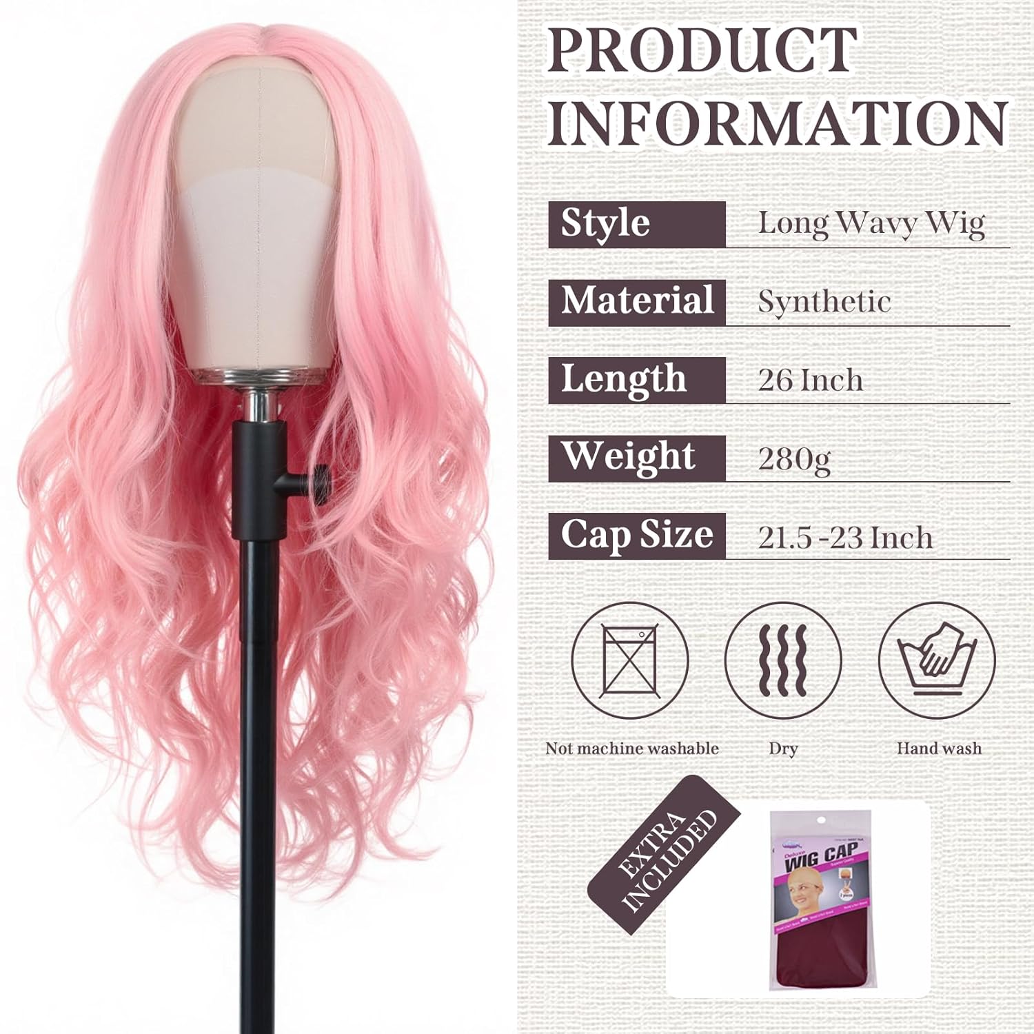 Pink Wig 26 inch Long Wavy Pink Wigs for Women, 13X4X1 HD T-part Synthetic Lace Front Wig Natural Looking As Human Hair Middle Part Pre Plucked Glueless Wigs for Daily Party Cosplay Use (T2313#)