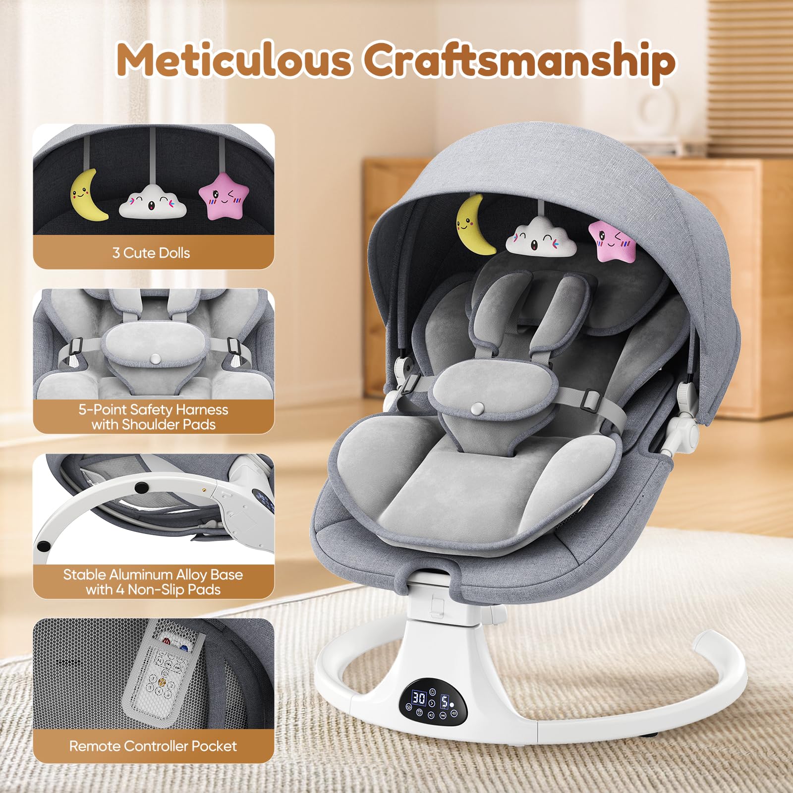 Dossier Réglable Transat Bébé Electrique, Balancelle Bébé Avec Coussin Amovible et Table D'appoint, Balançoire pour Baby avec 3 Minuteries et 5 Vitesses, 12 Mélodies, 3 Options D'alimentation (Gris)