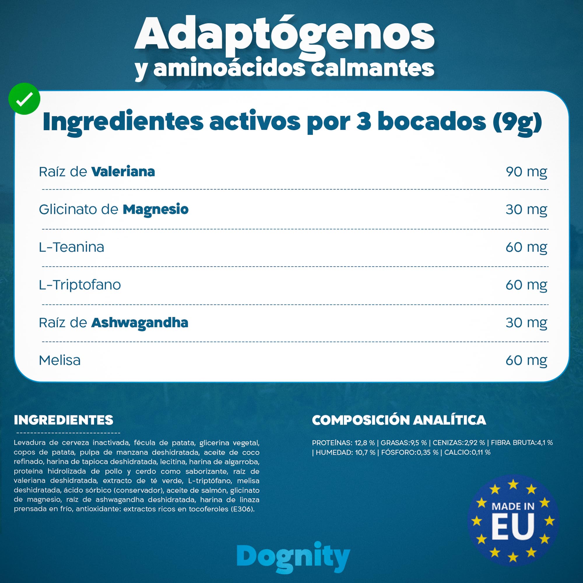 Calmante Perros Bocados Ansiedad Separación Estrés Petardos Triptófano GMP+ | Suplemento Natural con Valeriana Ashwagandha Magnesio Melisa L-Triptófano 5 Activos Naturales para Calma Emocional Blandos