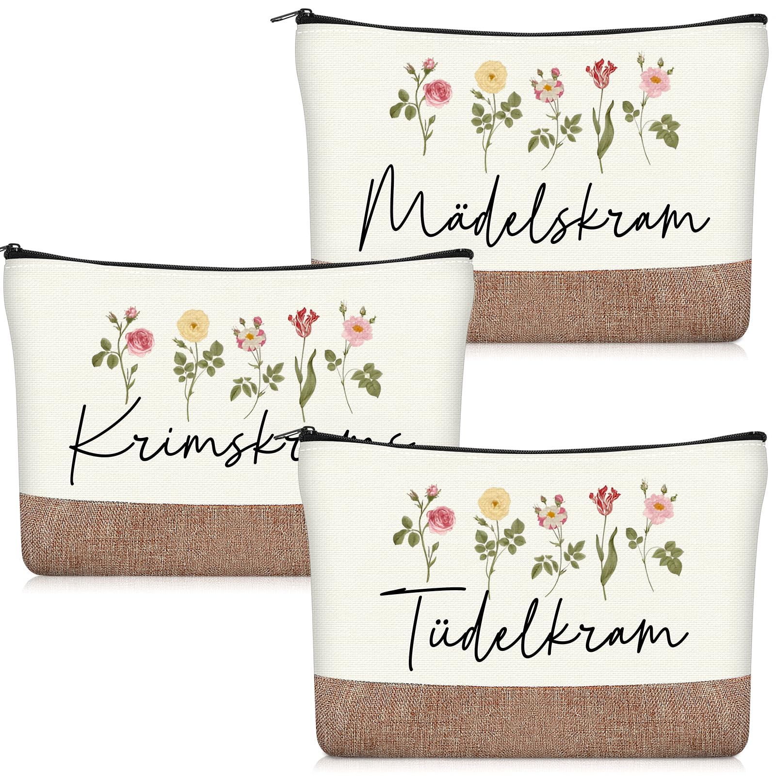 Geiserailie 3 Stück Krimskrams Kosmetiktasche Klein Jute, Segeltuch, Blumen Kulturtasche Make Up Tasche mit Spruch Schminktasche mit Reißverschluss für Damen Reise Geldbeutel