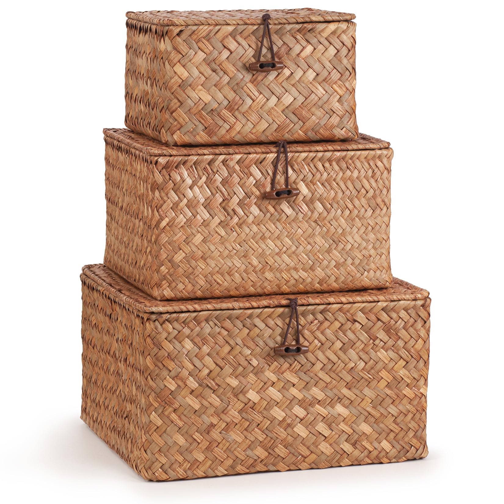 Woodluv Set Of 3 Lidded Basket Storage Basket Set Of 3, Storage Box Nested Hand-Woven Storage Basket, Stackable Wardrobe Organiser, Hamper Baskets, Brown