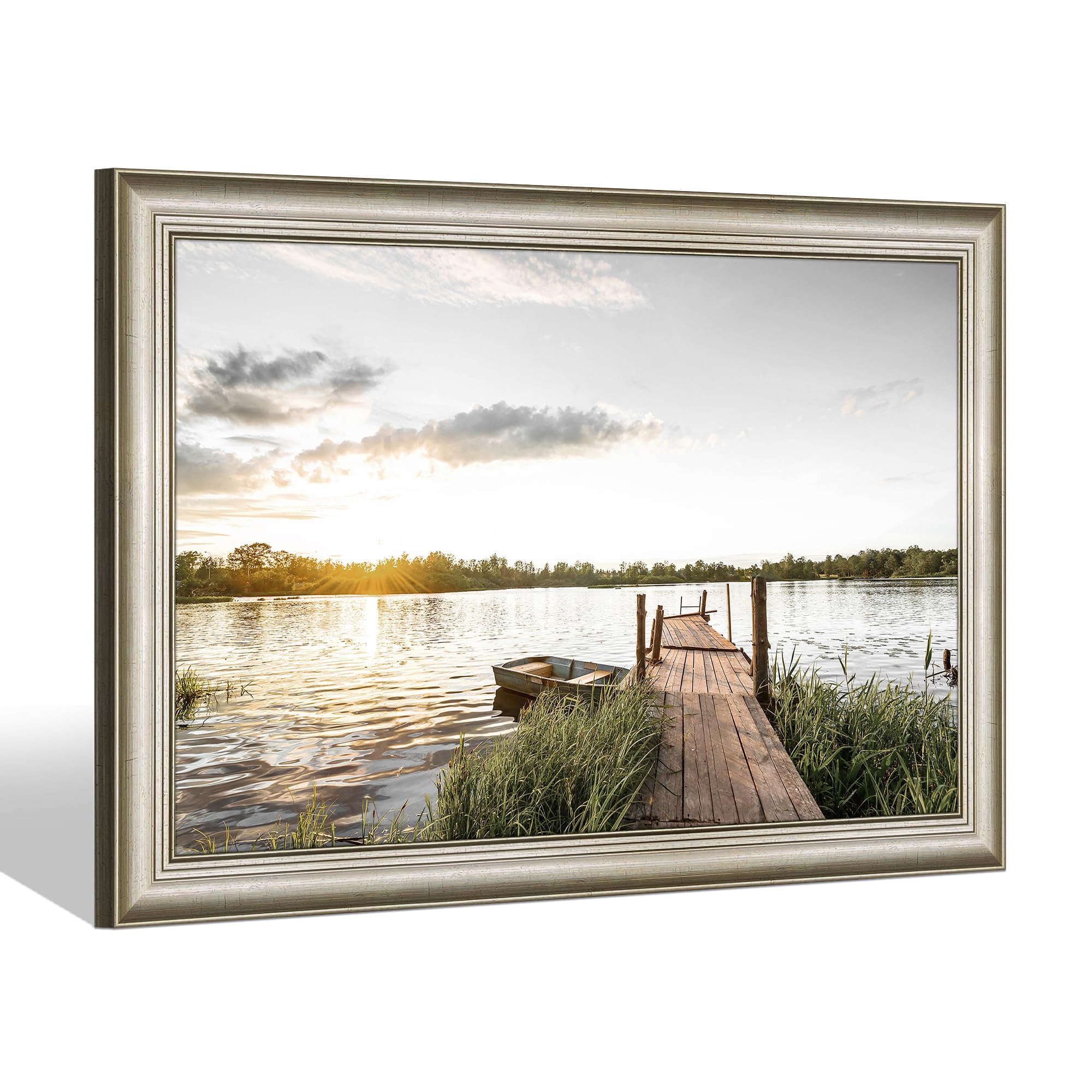 Photo 1 of Framed Lake Canvas Wall Art: Large Boat Picture Nature Landscape Prints Sunset Lakeside Reed Painting Dock Scene Artwork for Bathroom Bedroom Living Room