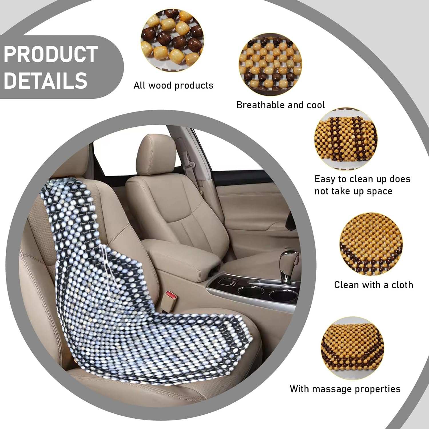 51x15 Inch Wooden Beaded Car Seat Cover with Breathable Cooling Massage Beads, Automobile Seat Cushion for Car, Truck & Office Chair image 5