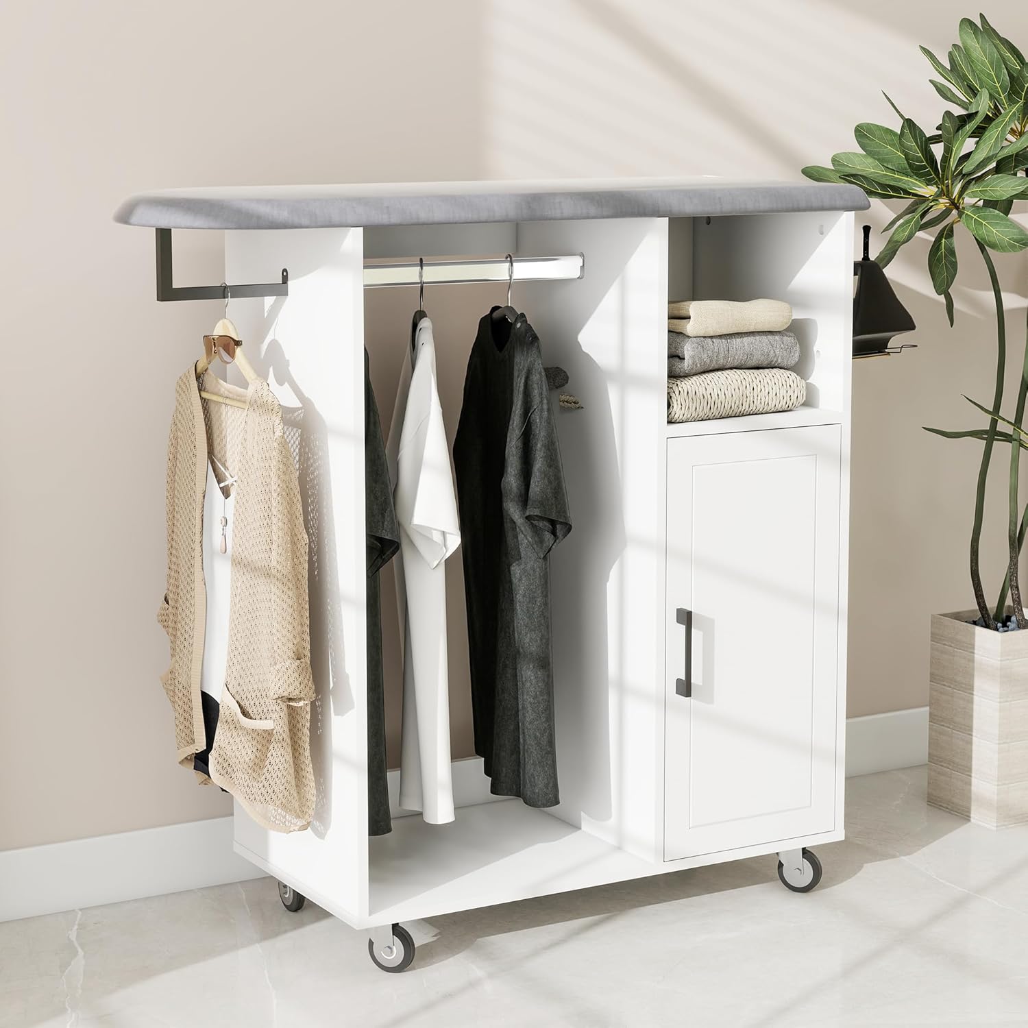Rolling Ironing Board with Storage Cabinet, Tabletop Ironing Board for Small Spaces, Craft Table with Storage Shelves, Portable Sewing Table with Iron Rack and Heat-Resistant Sponge for Laundry Room