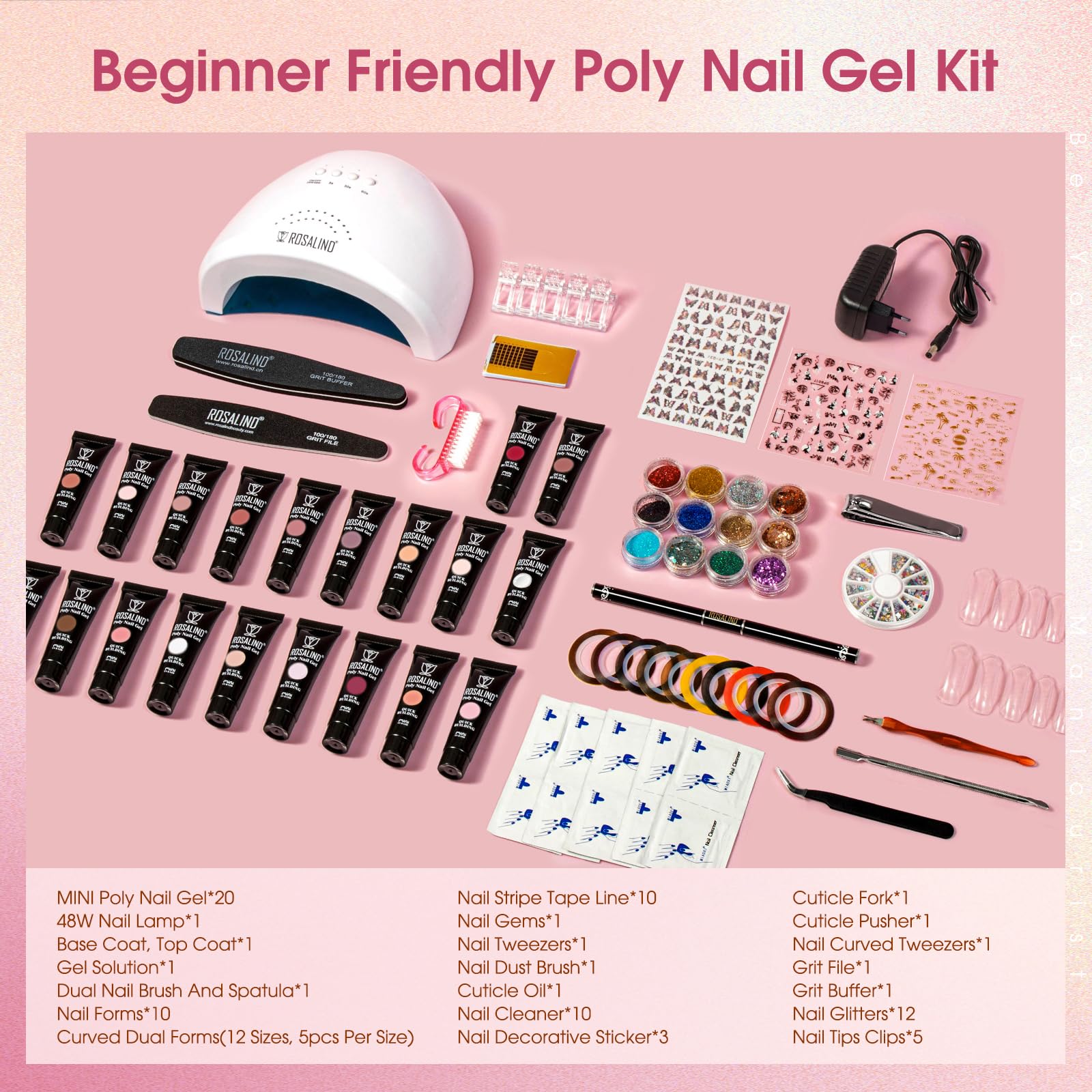 ROSALIND Kit Ongle Gel UV Complet avec 48W Lampe, 20 Couleurs Gel Construction Ongle UV Tube Lot Ongle Gel Kit Complet Rose Transparent Manicure Kit avec Base et Top Coat, Slip Solution