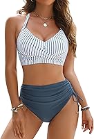 Bloomingjelly Women's High Waisted Tummy Control Bikini Set - Drawstring Crisscross Back Swimsuit with Removable Padding