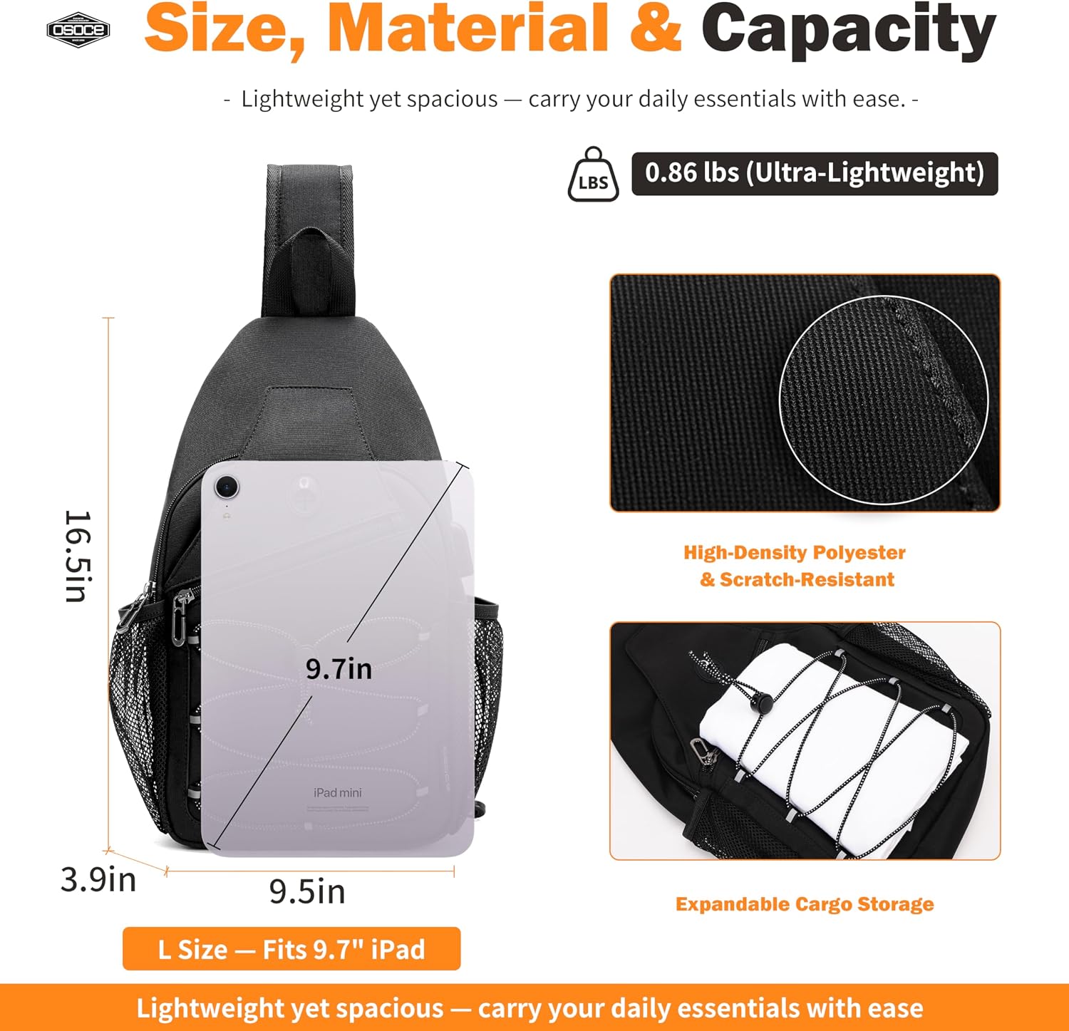 OSOCE Anti-Theft Sling Bag, Crossbody Bag for Men, Water-Resistant, 2.0L