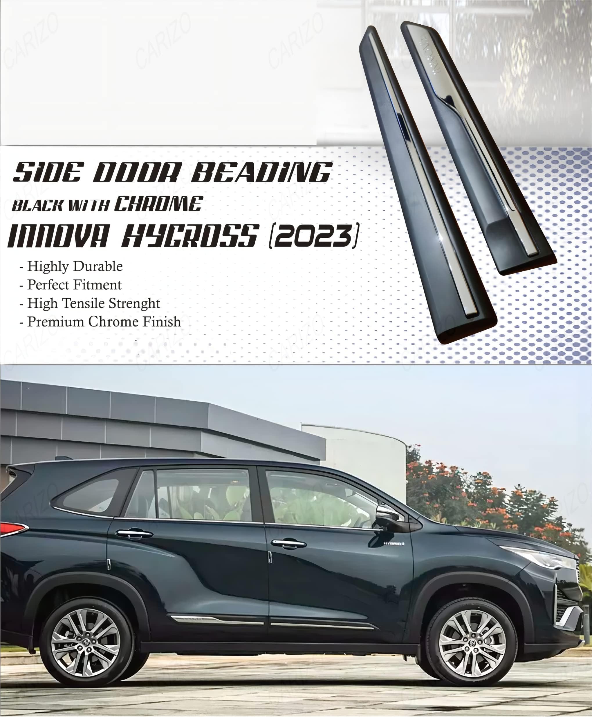 CARIZO Side Beading Protective Side Mouldings (Pack of 4) Black with Chrome Compatible with Toyota Innova Hycross (2023-2024)