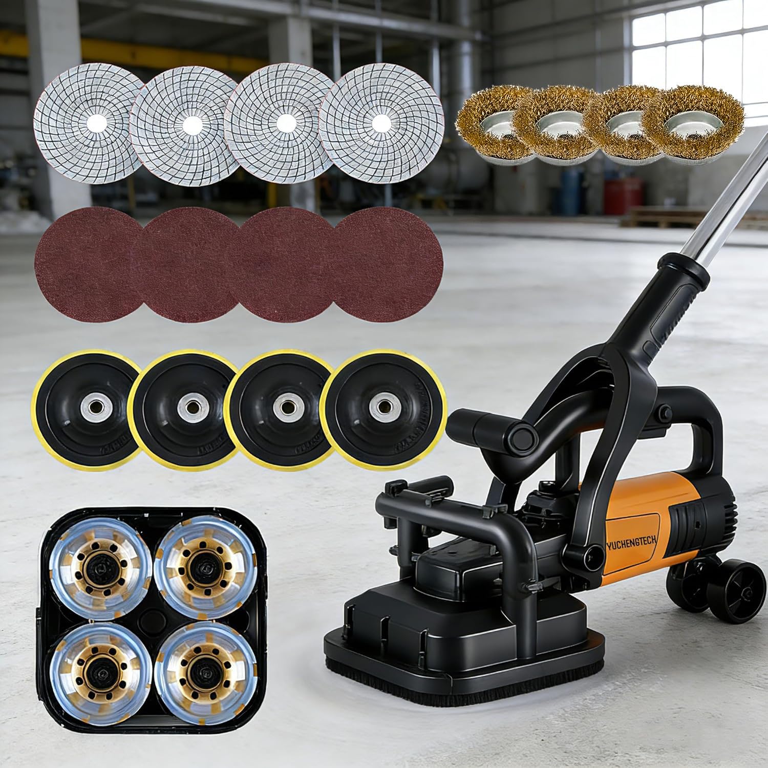CelyToe Floor Sander Concrete Grinder, 3800W 4-Head Planer, 6-Speed Control, 4-section extension rods for Cement, Marble, Epoxy Floor Polishing Work 110V-Novacuumcleaner