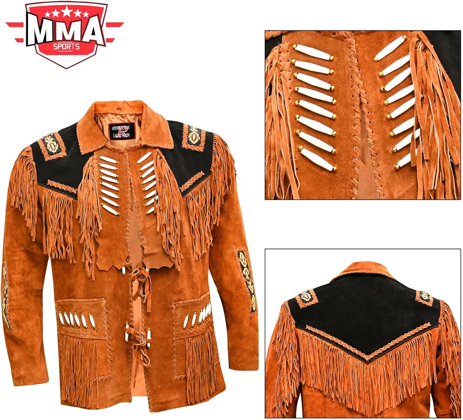 Men's Cowboy Western leather Coat Native American Jacket with Fringes Beades &Bones