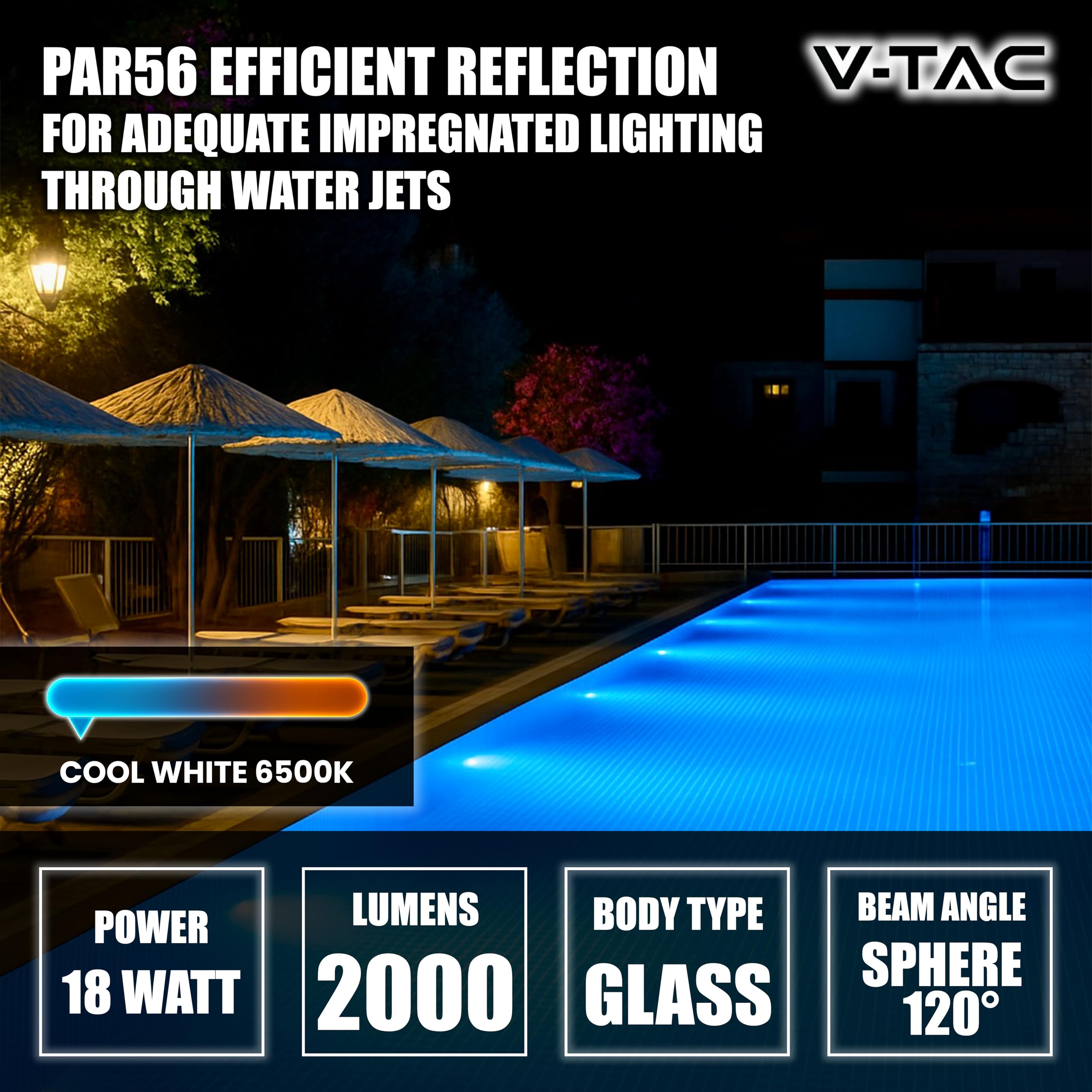 V-TAC Lampada Led da Piscina 18W - PAR56 - Lampada in Vetro Antiurto per Illuminazione Piscine e Fontane - 2000 Lumen - Luce Subacquea - Risparmio Energetico - IP68 - Luce Fredda (Confezione da 2)