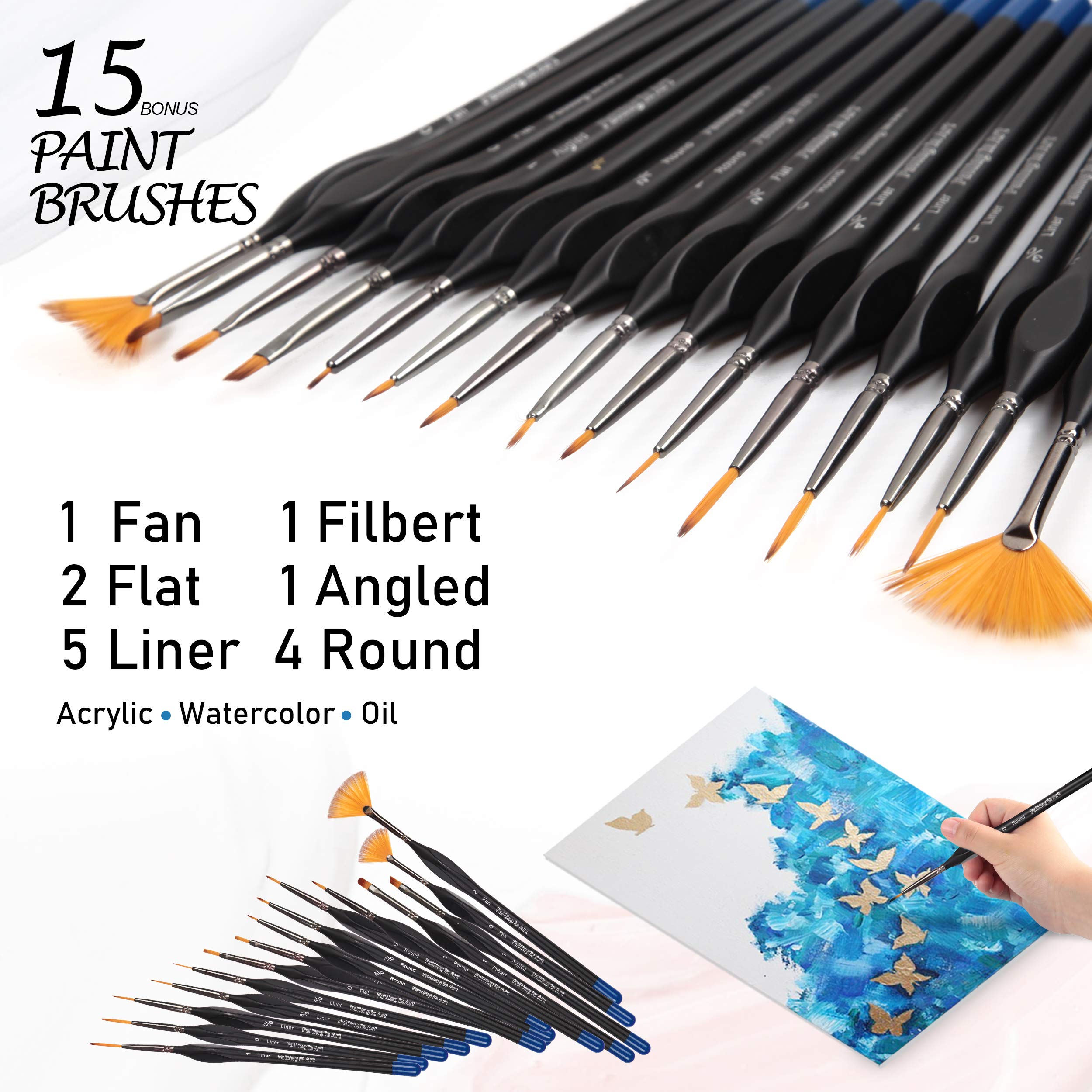Falling in Art Flat and Round Tips White Sable Paint Brush Set - 18PCS Artist Face Paint Brushes, Short Handled Nylon Brushes Set for Watercolor, Oil, Acrylic, Craft, Gouache