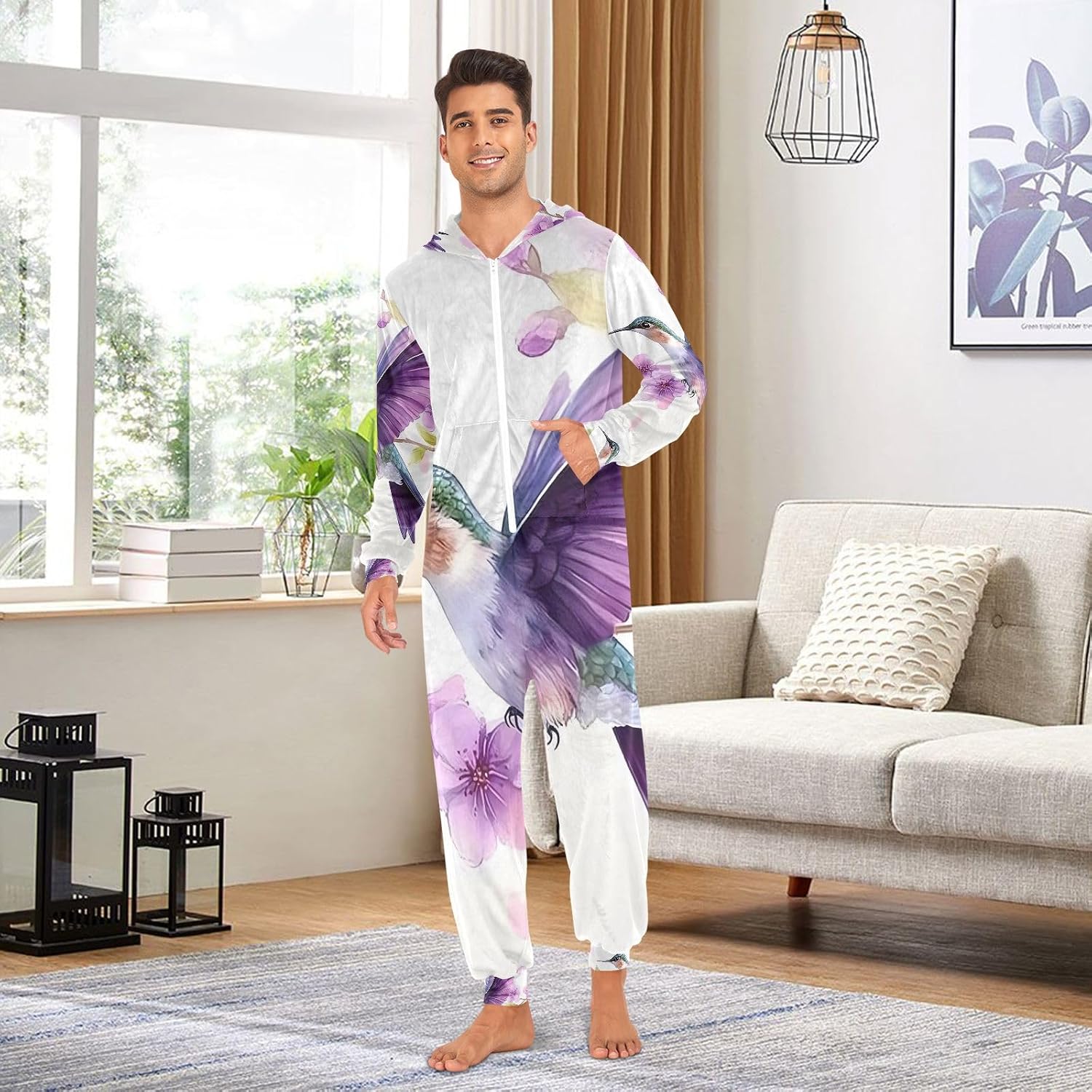 Hummingbird Orchids Purple Flowers Adult Onesie Pajamas for Unisex Novelty One Piece Costume Sleepwear