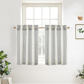 DriftAway Kitchen Tier Curtains - Striped Linen Short Pinstripe Cafe Curtains 36 Inch Length for Living Room Bathroom Chris Farmhouse Rustic - Rod Pocket 2 Panels Gray