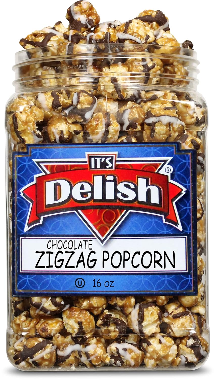 Gourmet Chocolate Drizzle Zigzag Popcorn by It's Delish – 16 Oz (1 Lb) Jumbo Container Bulk Popcorn – Tasty Snacks with Extra Crunch – Made in the USA - Candy Bar, Party Favors, Weddings, Birthdays