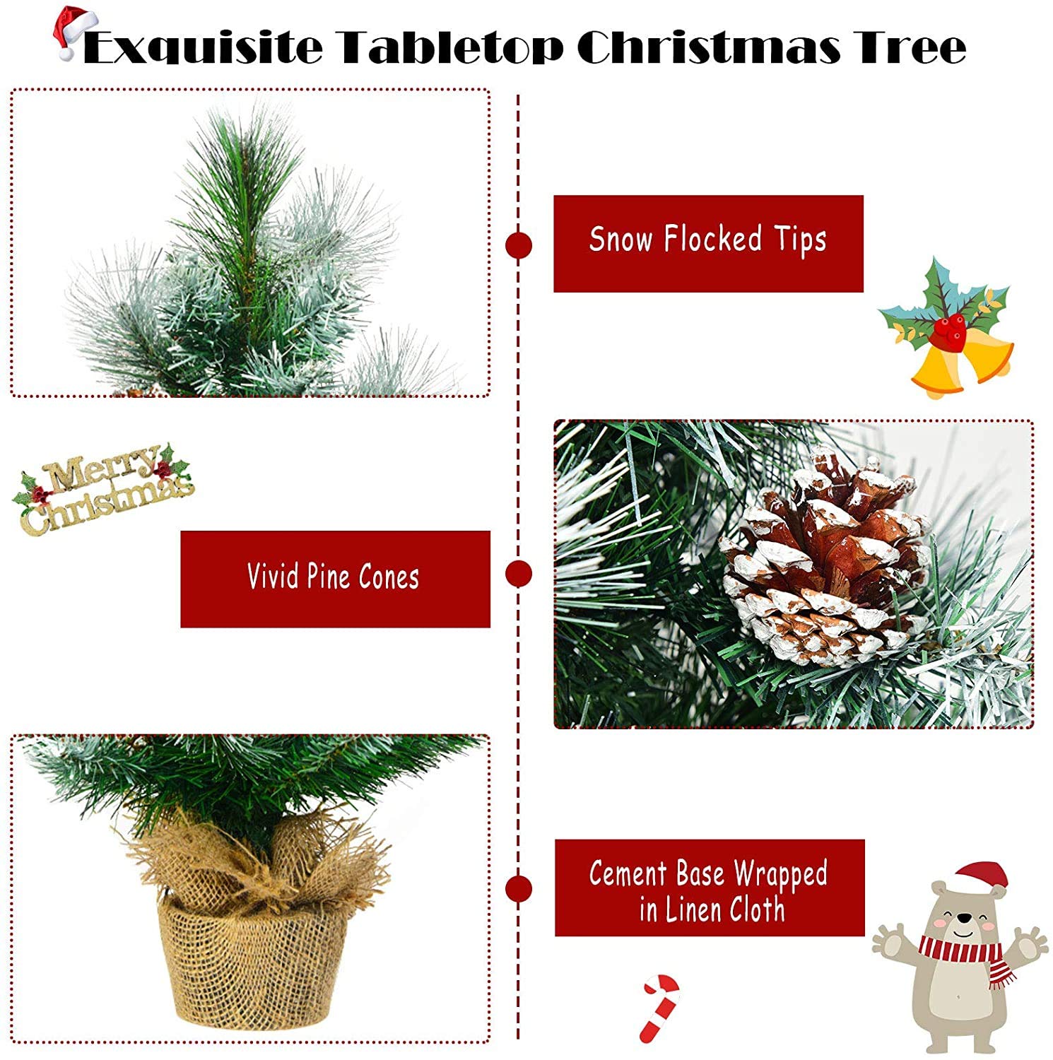 Árbol de Navidad 2 pies/4 pies, pequeños árboles Artificiales con piñas y Base, decoración navideña for Camino jardín Mesa Interior