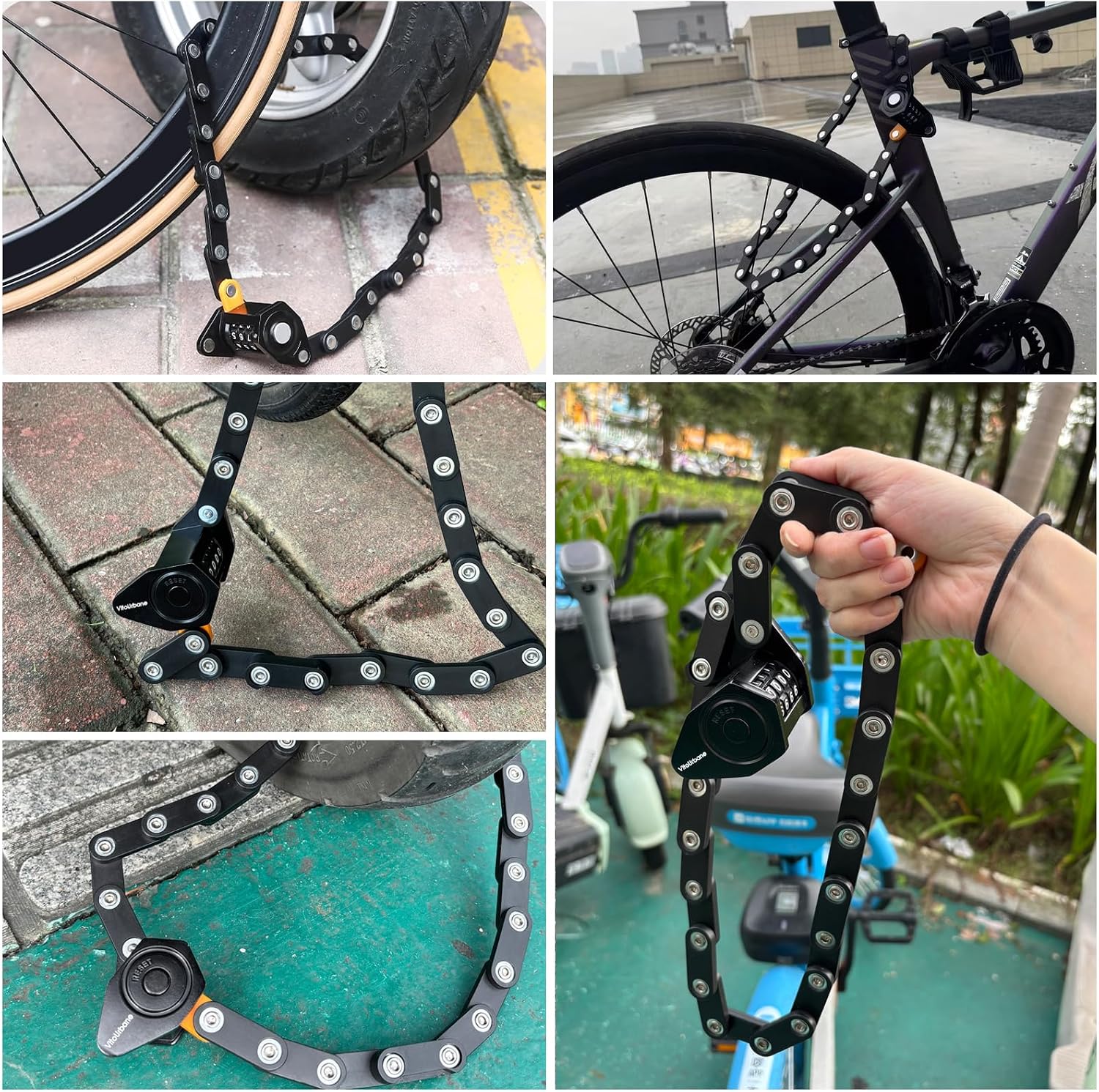 Electric Scooter Lock, Heavy Duty Folding Combination Bike Lock for E-Bikes | Keyless 4-digit folding chain lock with alloy steel links and bracket for bikes, e-bikes, scooters, mopeds, and motorcycles.