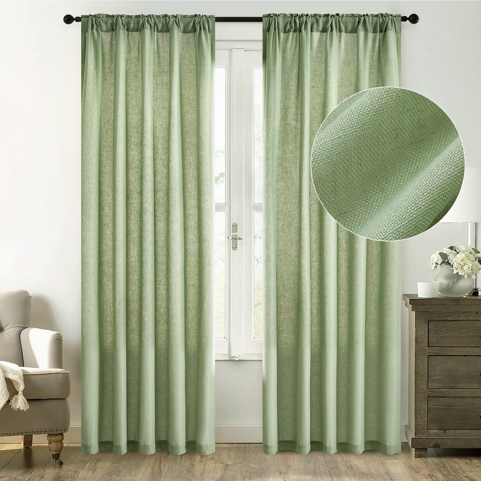 Dreaming Casa Linen Semi Sheer Curtains 84 inches Long, Sage Green, Light Filtering Curtains Sheer Rod Pocket & Back Tab, Soft Window Privacy Drapes Living Room Bedroom, 2 Panels, Each W52 x L84
