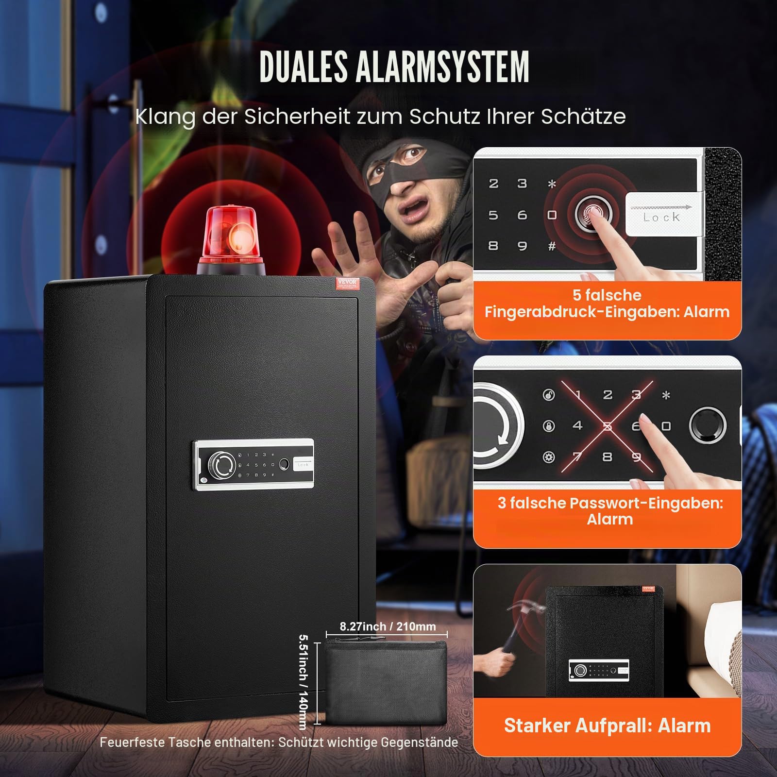 VEVOR Safe Tresor mit feuerfester Geldtasche, Einzeltür-Safe 5,5 Kubikfuß, 2 Trennwände, digitaler Möbeltresor mit Schlüssel Code Fingerabdruck, Wertsachenbox für Geld Schmuck, Geldtresor Schwarz