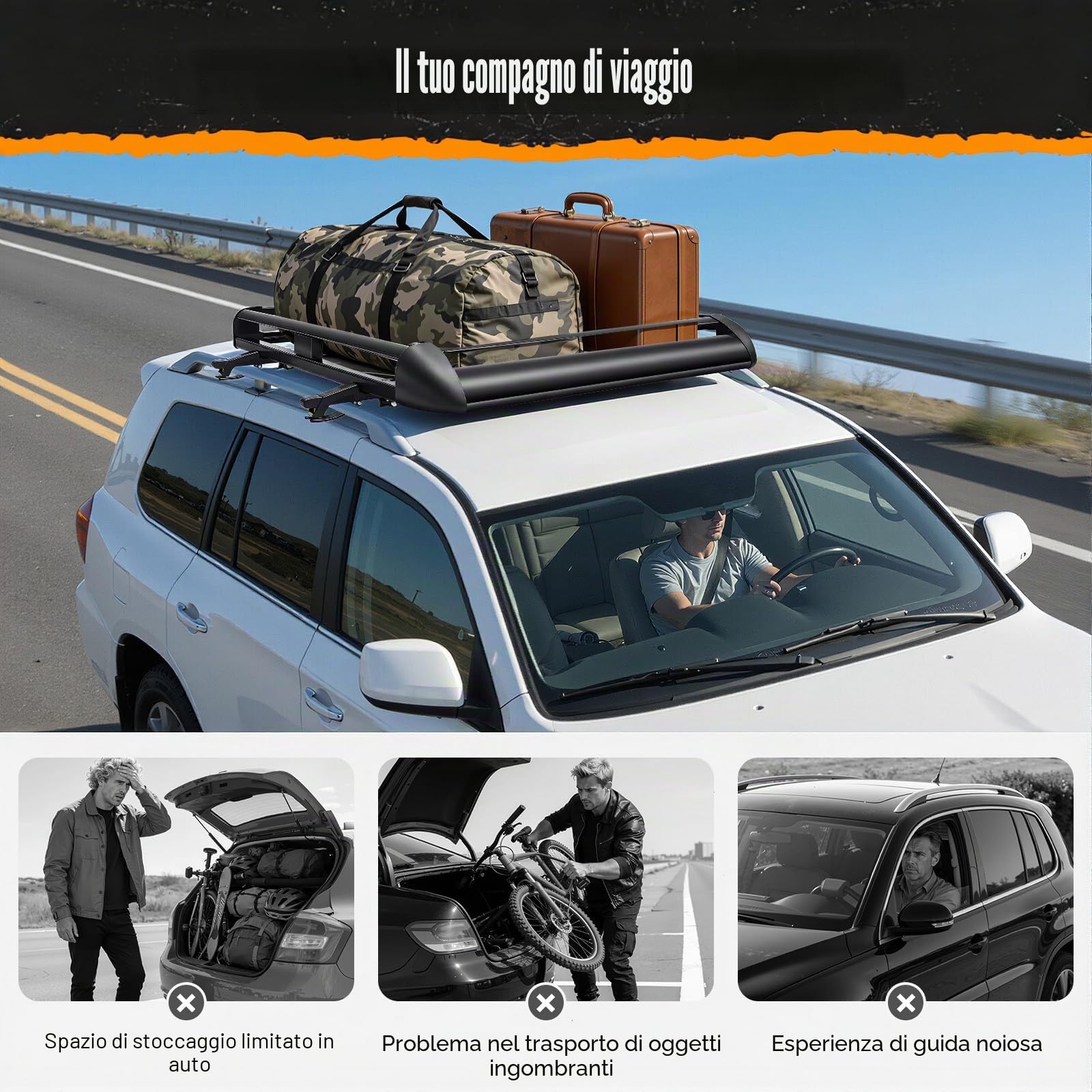 Portapacchi universale da tetto per auto, 127 x 97 cm, con una portata massima di 68 kg, adatto per tutti i tipi di SUV tutti i modelli