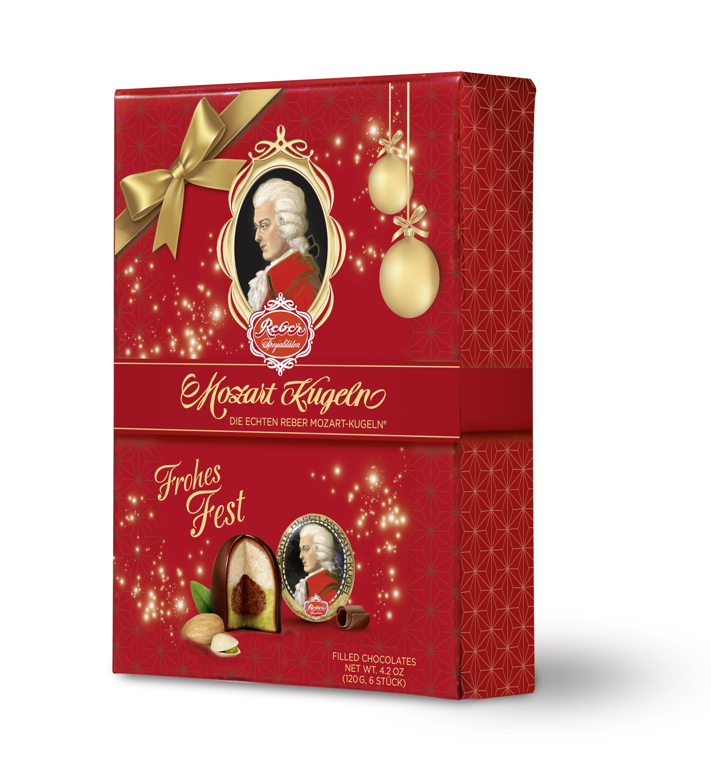 Reber Echte Reber Mozart-Kugeln, Weihnachts-Edition, Pralinen aus Zartbitter-Schokolade, Marzipan, Nougat, Ideales Weihnachtspräsent, 4 x 6er-Packungen
