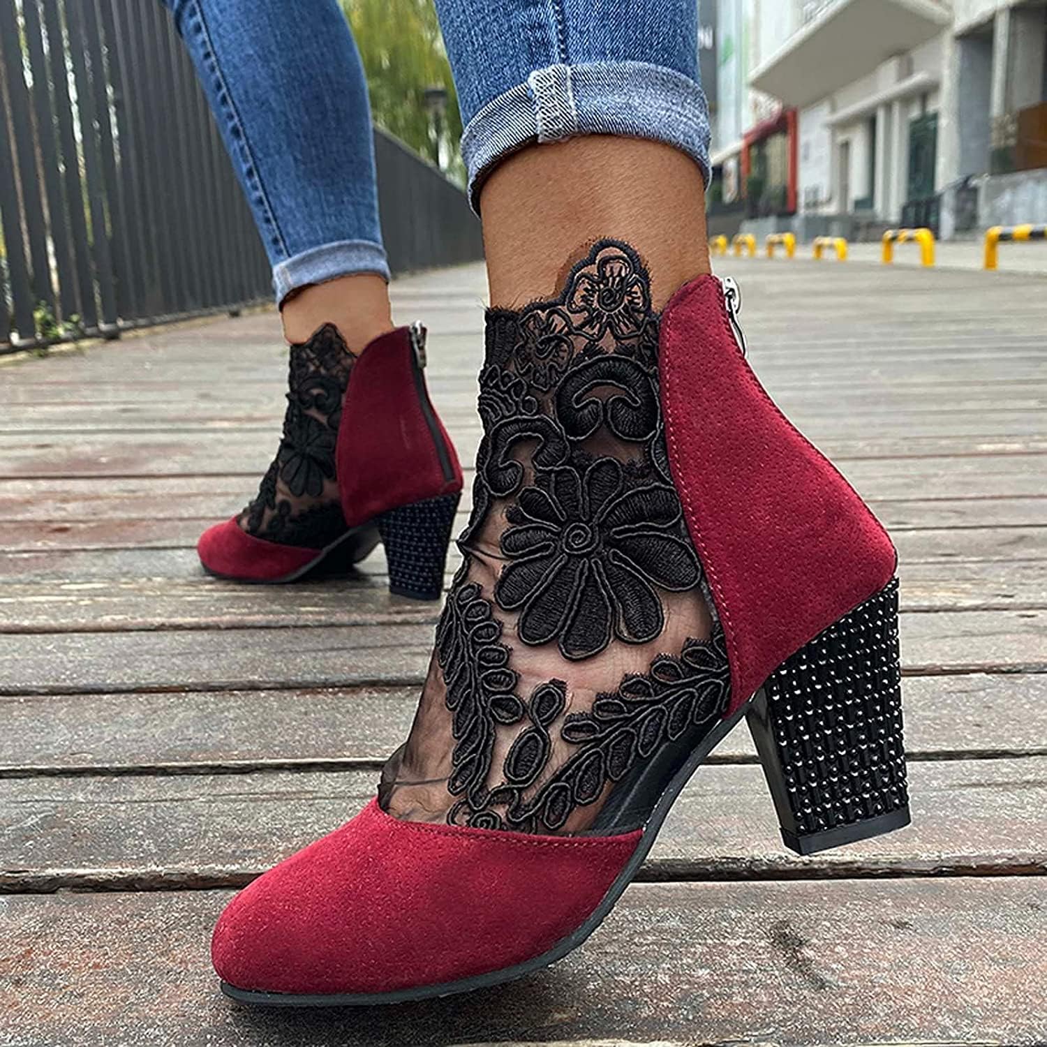 Womens Sandal Boots Sexy Lace Breathable Fashion Round Toe Back Zipper Booties High Block Ankle Sandalias Wedding Shoes for Bride (Black 1 40 EU)