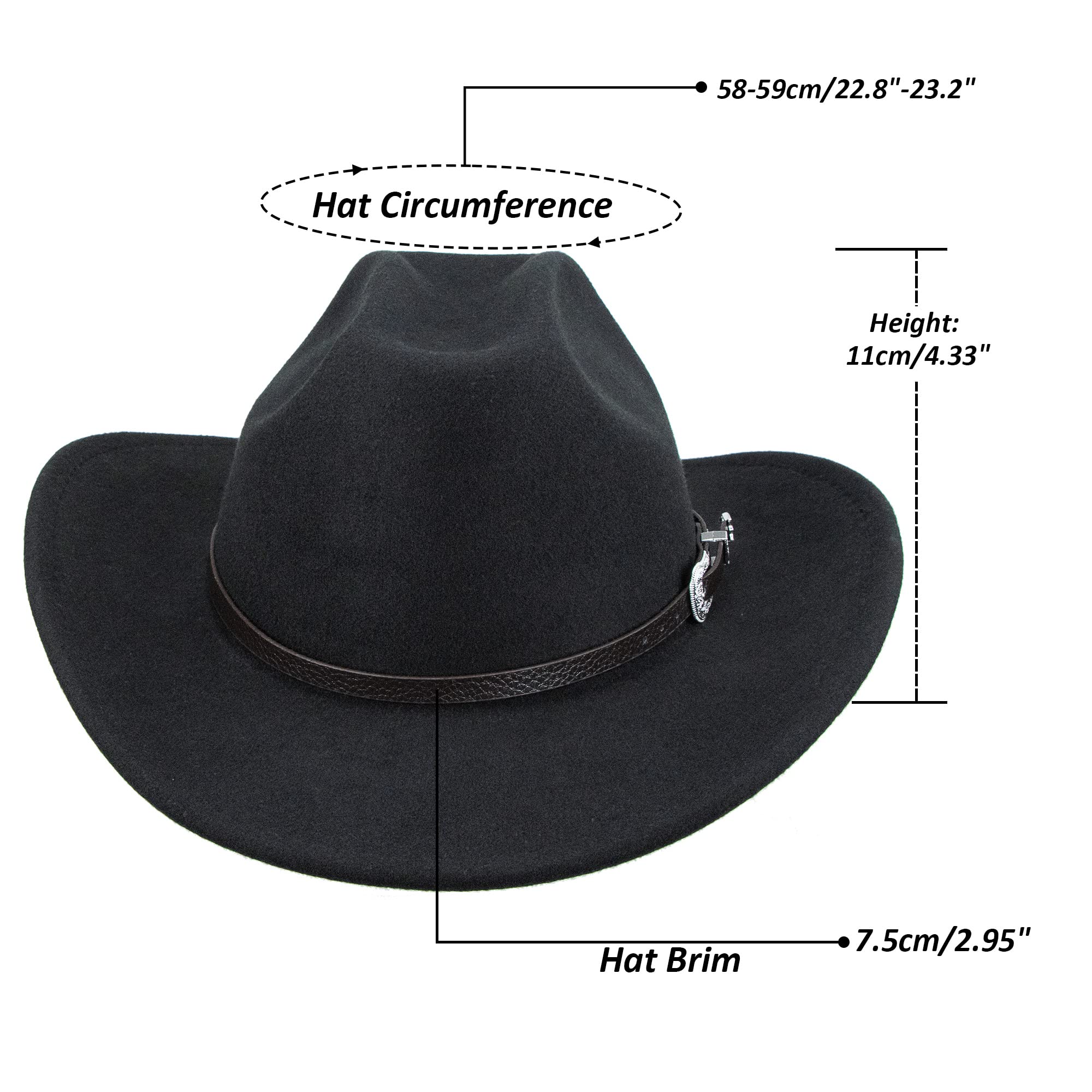 Cappelli da Cowboy da Donna Classici in Feltro, a Tesa Larga, con Fibbia e Cintura, Nero, L