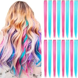 MQY COLOR 16 PCS Multi Colored Hair Extensions Clip in Kids Blue Pink Hairpieces Party Highlights DIY Hair Accessories for Girls Women 21 Inches Long Hair (Blue Pink)