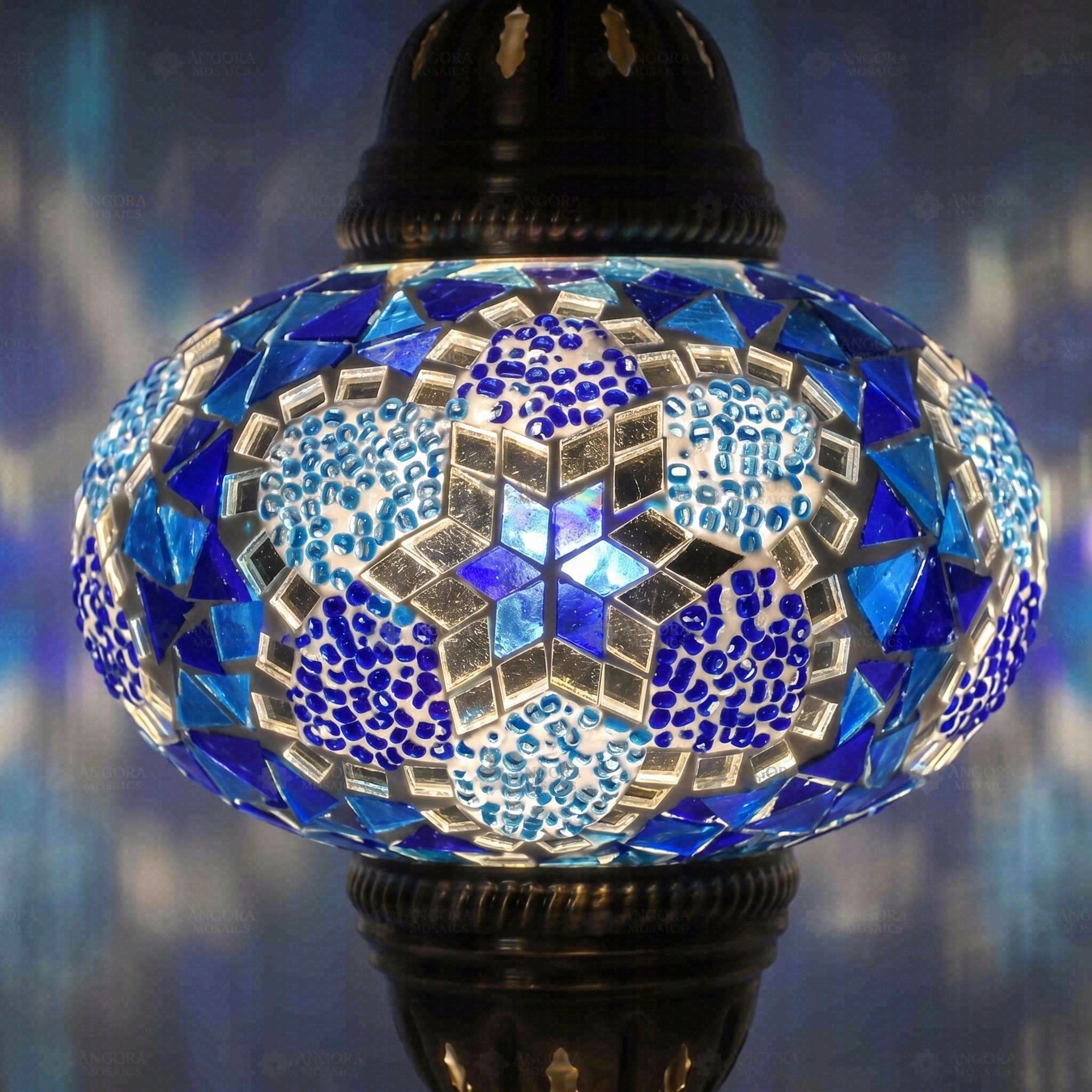 ENVA Lampada da tavolo a mosaico turco blu, lampada da tavolo in vetro mosaico fatto a mano, motivo geometrico a stelle, lampada da comodino stile bohémien marocchino