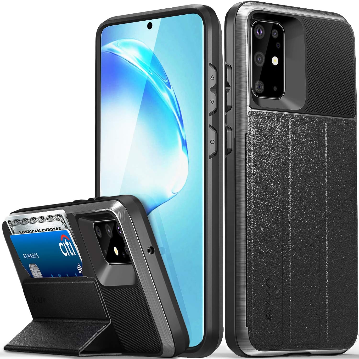 Vena vCommute Wallet Case Compatible with Samsung Galaxy S20 Plus / 20+ (6.7"-inch), (Military Grade Drop Protection) Flip Leather Cover Card Slot Holder with Kickstand - Space Gray
