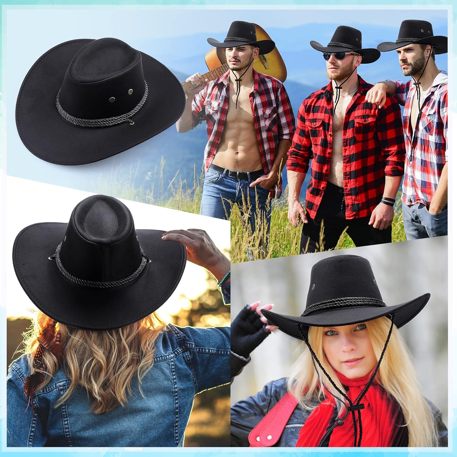 Coume 10 Set Cowboy Hat and Bandana for Women Men 10 Felt Cowgirl Cowboy Hat Bulk 10 Western Bandanas for Adult Costume Party - Image 4