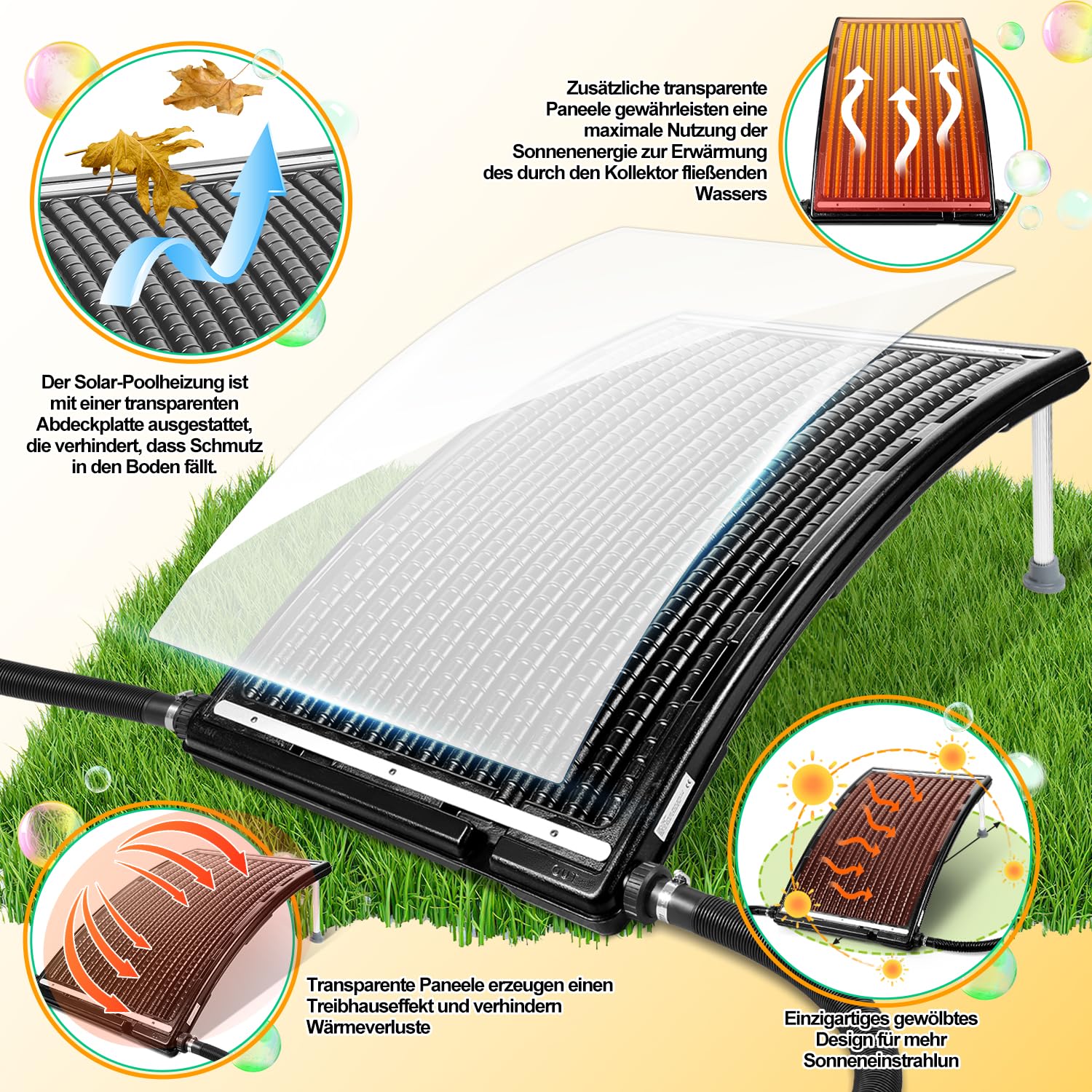 Herrselsam Calefacción solar para piscina 3 juegos, calefacción solar piscina 113 x 69 x 35 cm, panel solar conexión de piscina Ø 32 – 40 mm, altura regulable piscina calentadores solares para piscina