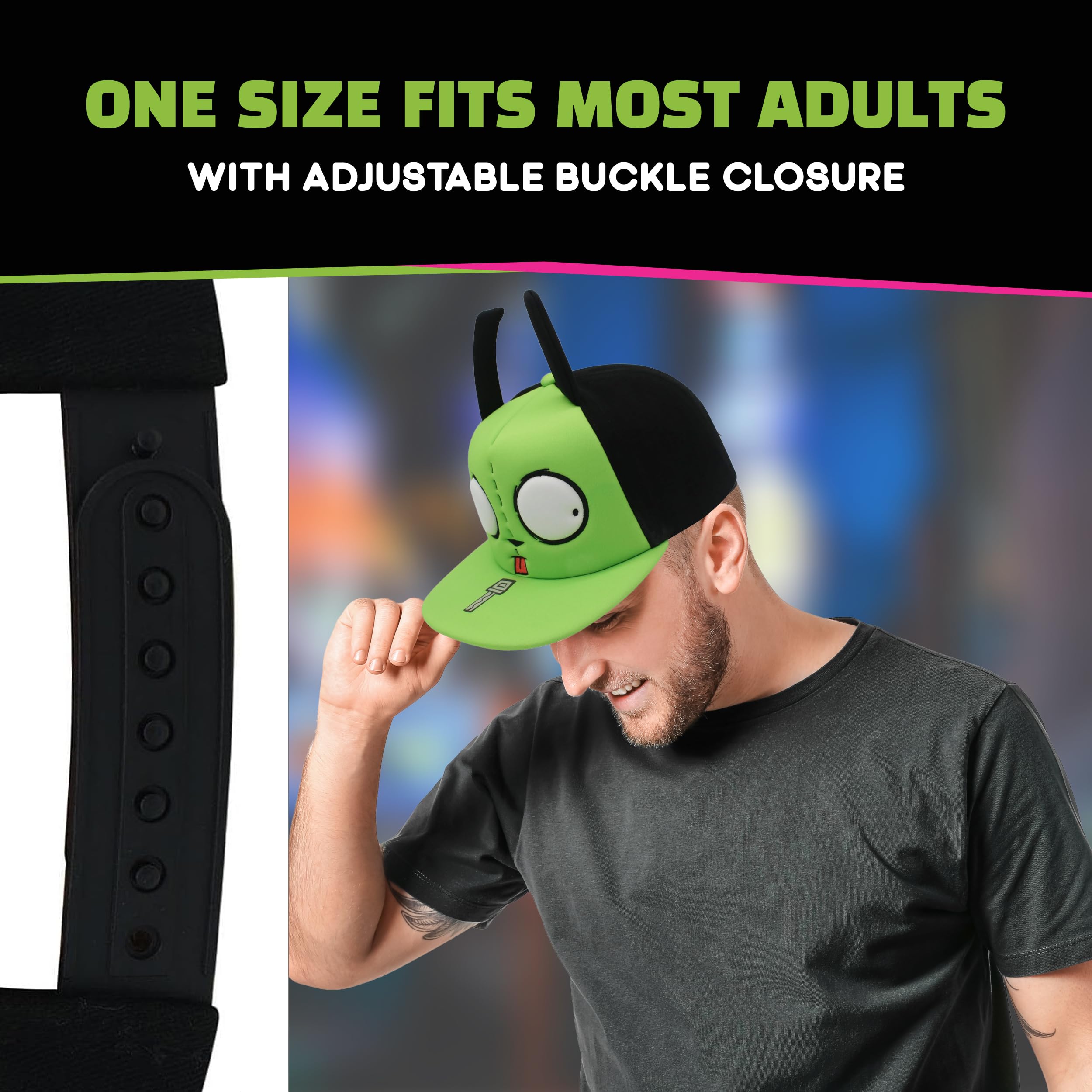 Concept One Gorra de béisbol Unisex Invader Zim, Gorra Gir para Adultos con ala Plana y Orejas y Ojos 3D, Verde/Negro, Talla única, Verde/Negro, Talla única