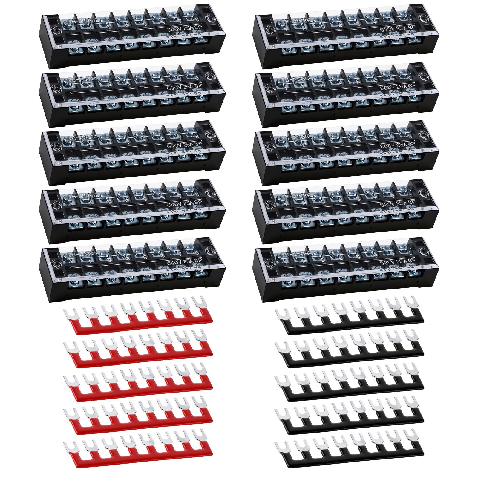 Tellegloww 20 pezzi (10 set) morsettiera a 8 posizioni a doppia fila 25A 600V morsettiera a vite con coperchio e terminali preisolati a 8 posizioni, strisce di barriera ponticelli (nero e rosso)