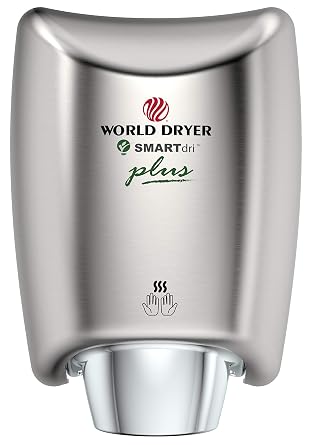 World Dryer K4-973P SMARTdri Plus High Efficiency Intelligent Automatic Hand Dryer with Stainless Steel Brushed Cover, Single Port Nozzle, 208-240V