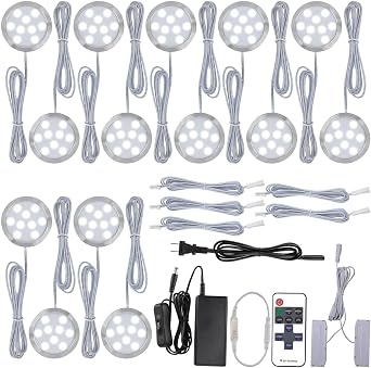 Under Cabinet LED Puck Lights Kit, Hutch Bookcase Display Shelf Lighting, Octopus Connection, 110VAC Wall Plug & Hard Wire, Inline Remote Dimmable, Cool White, 14 Lights