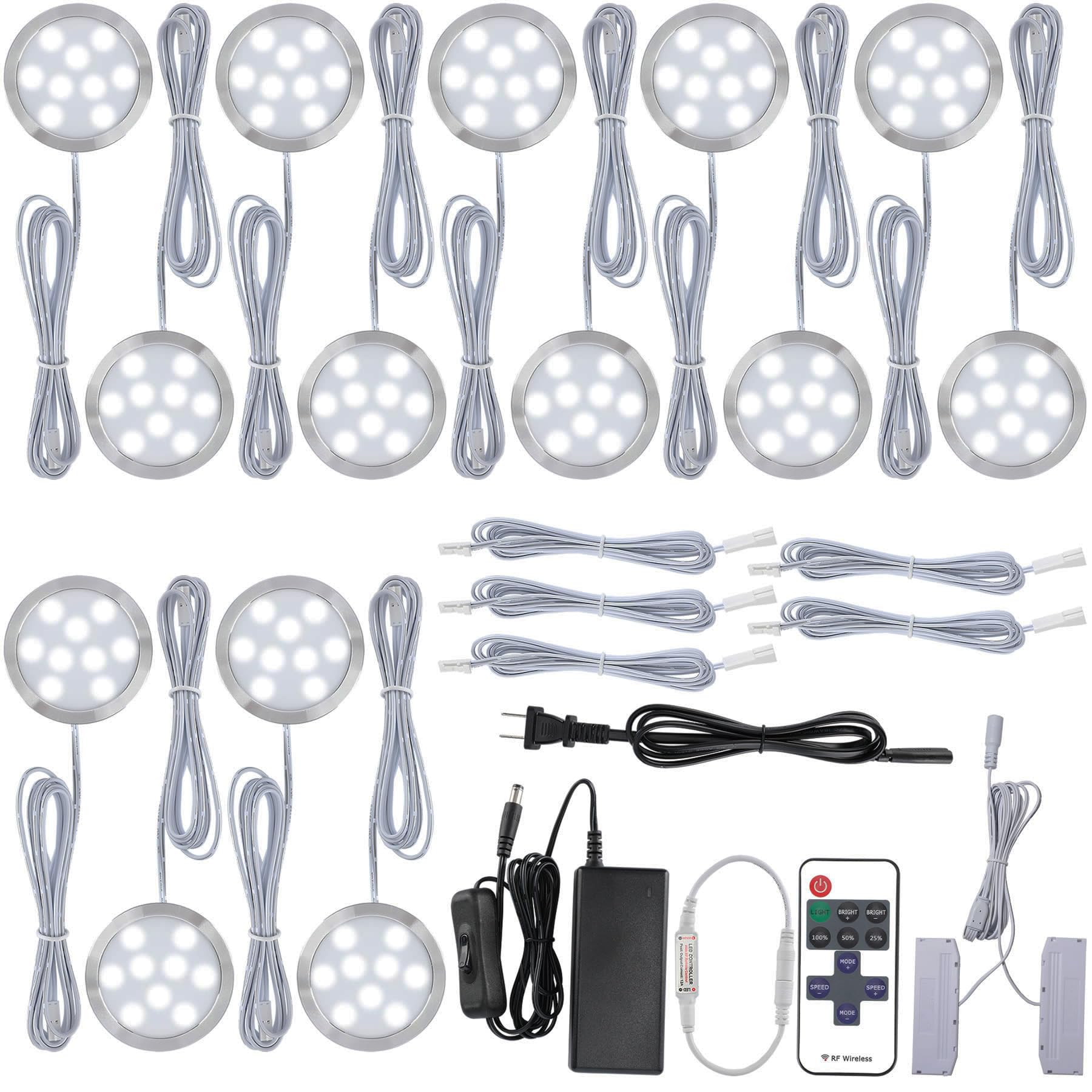 Meigour Under Cabinet LED Puck Lights Kit, Hutch Bookcase Display Shelf Lighting, Octopus Connection, 110VAC Wall Plug & Hard Wire, Inline Remote